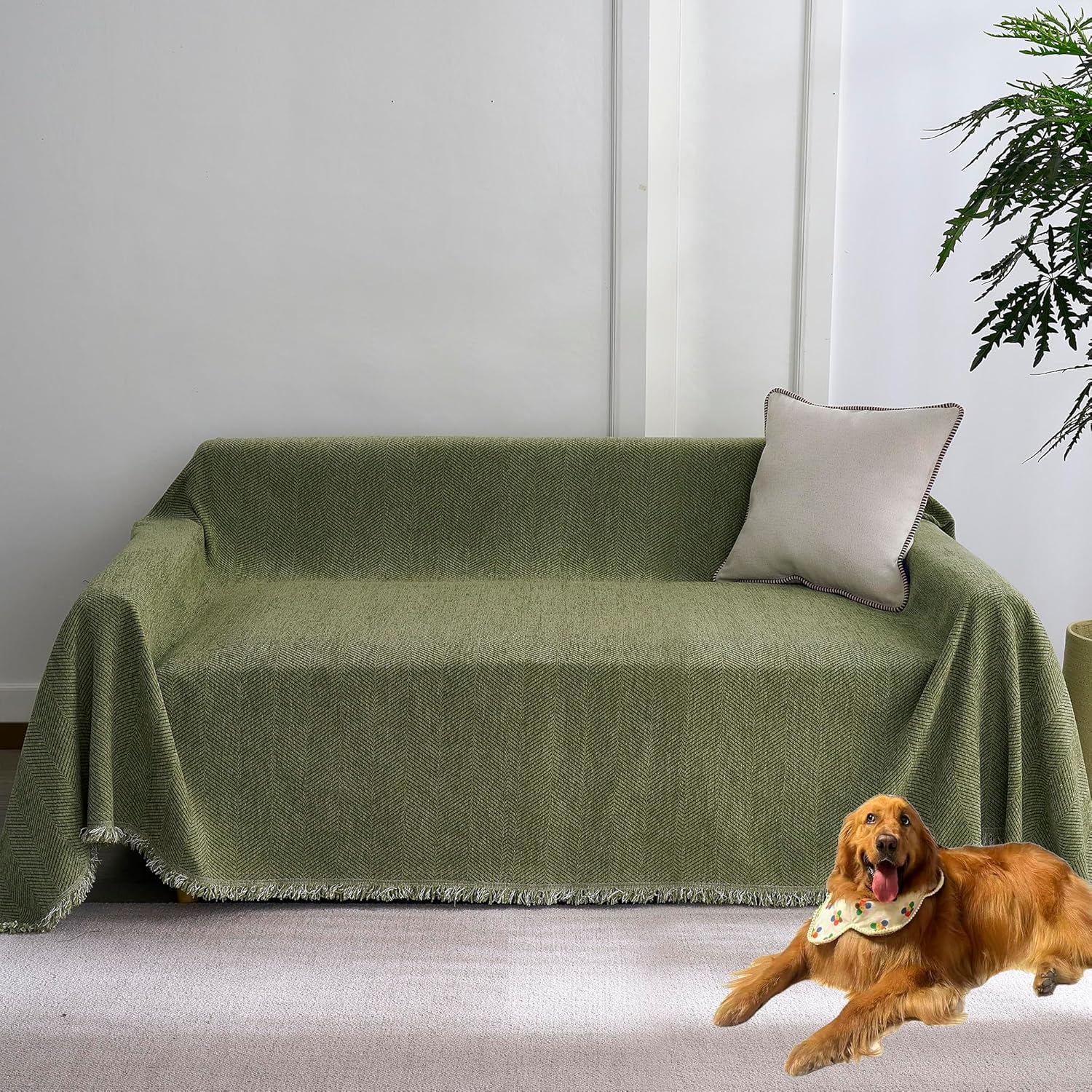 Non Slip Couch Cover for 3 Cushion Couch Thick Chenille Sectional Sofa Cover Soft Furniture Protector sofa slipcover for Dogs Pet Washable loveseat cover for Living Room,Matcha Green, 71"*134" 71"*134" Matcha Green