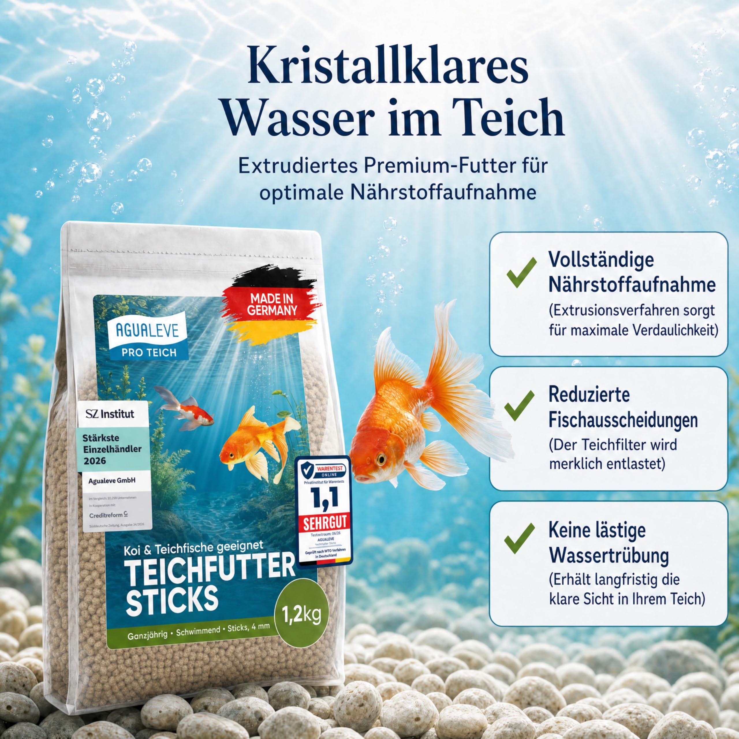 PRO TEICH Teichfutter Sticks 15 L (ca. 1,2 kg) – ganzjährig | schwimmende Sticks 4 mm | Koi & Teichfische | gut sichtbar | Weizenkeim, ausgewogene Nährstoffbasis | Made in Germany