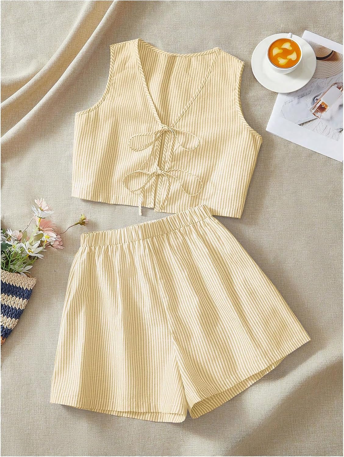 SHENHE Women's Y2k Summer 2 Piece Outfits Striped Tie Front Tank Vest and Shorts Vacation Set - Image 6