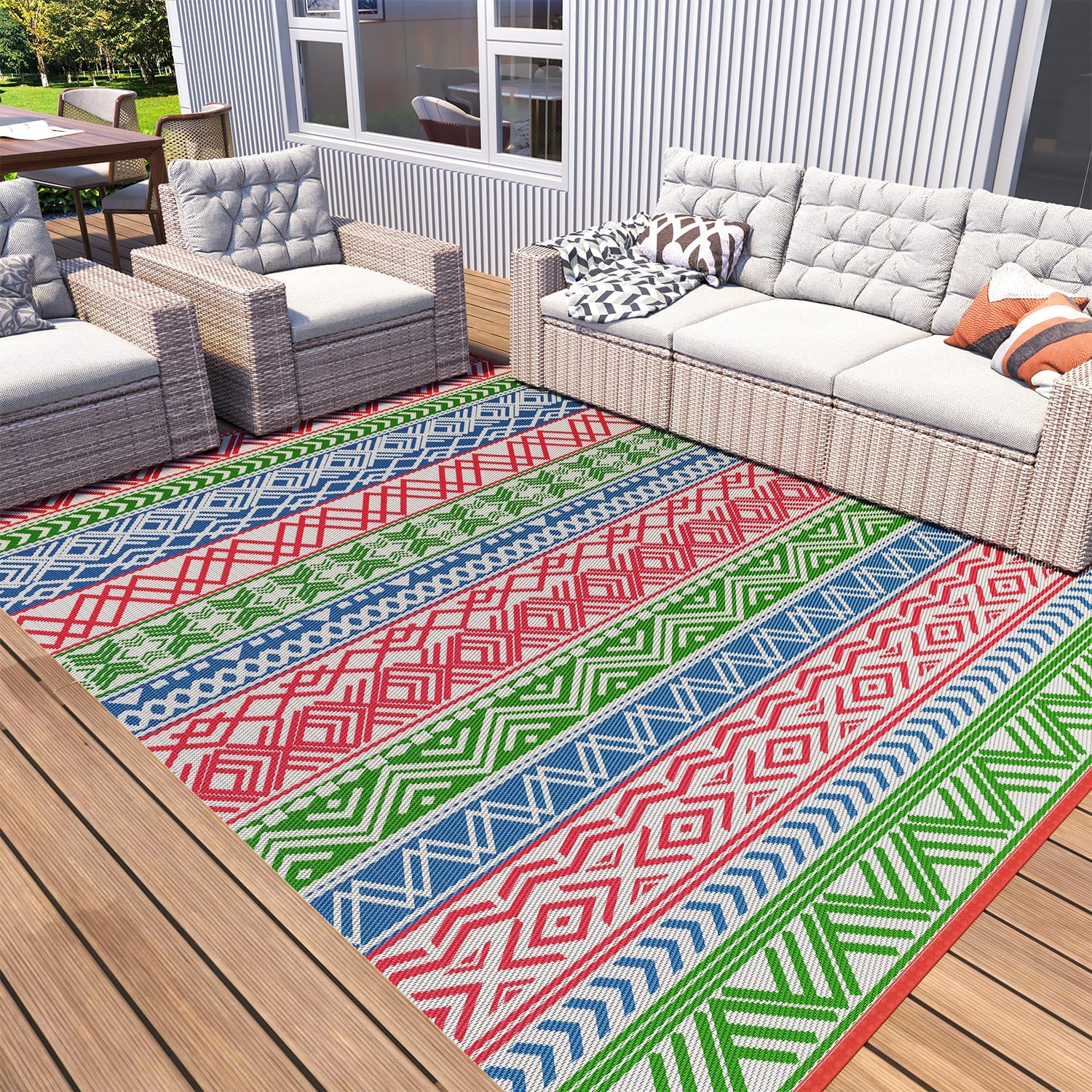 Tapis d'extérieur imperméable et coloré, style bohème, réversible, pour ...