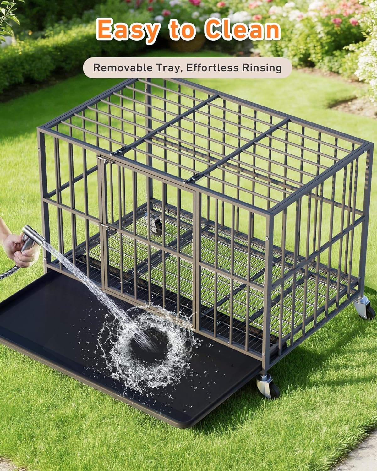 48 Inch Heavy Duty Dog Crate for Large Dogs,Escape Proof Kennel Indoor Outdoor with Lockable Wheels,Double Door High Anxiety,Large Cage with Removable Tray for Easy Cleaning