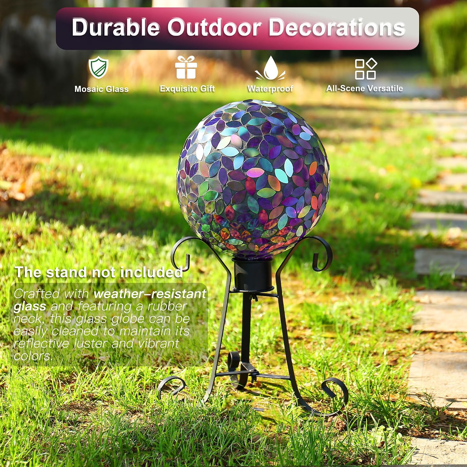 VOREEN Mosaic Gazing Ball Outdoor, 10 Inch Purple Iridescent Glass Garden Globe, Decorative Garden Ball for Yard Lawn Patio Decor