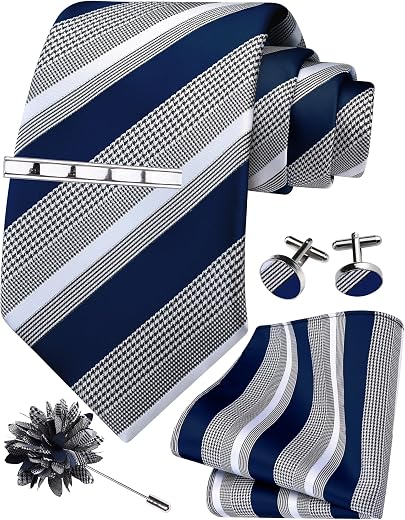 GUSLESON 3.15"(8cm) Mens Striped Business Necktie Hankerchief Cufflinks Tie Clip Lapel Pin Set for Men