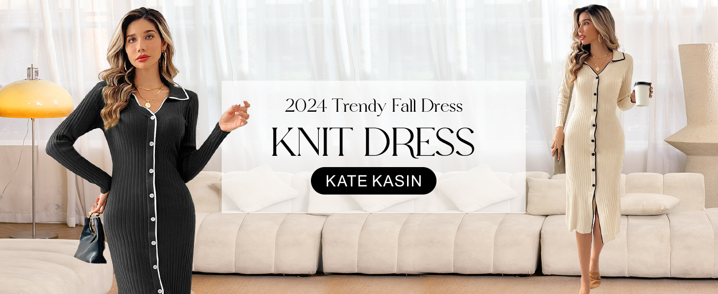 Kate Kasin Women's Long Sleeve V Neck Sweater Dress 2024 Fall Button Ribbed Knit Lapel Collar Slim Fit Bodycon Midi Dresses Apricot at Amazon Women's Clothing store