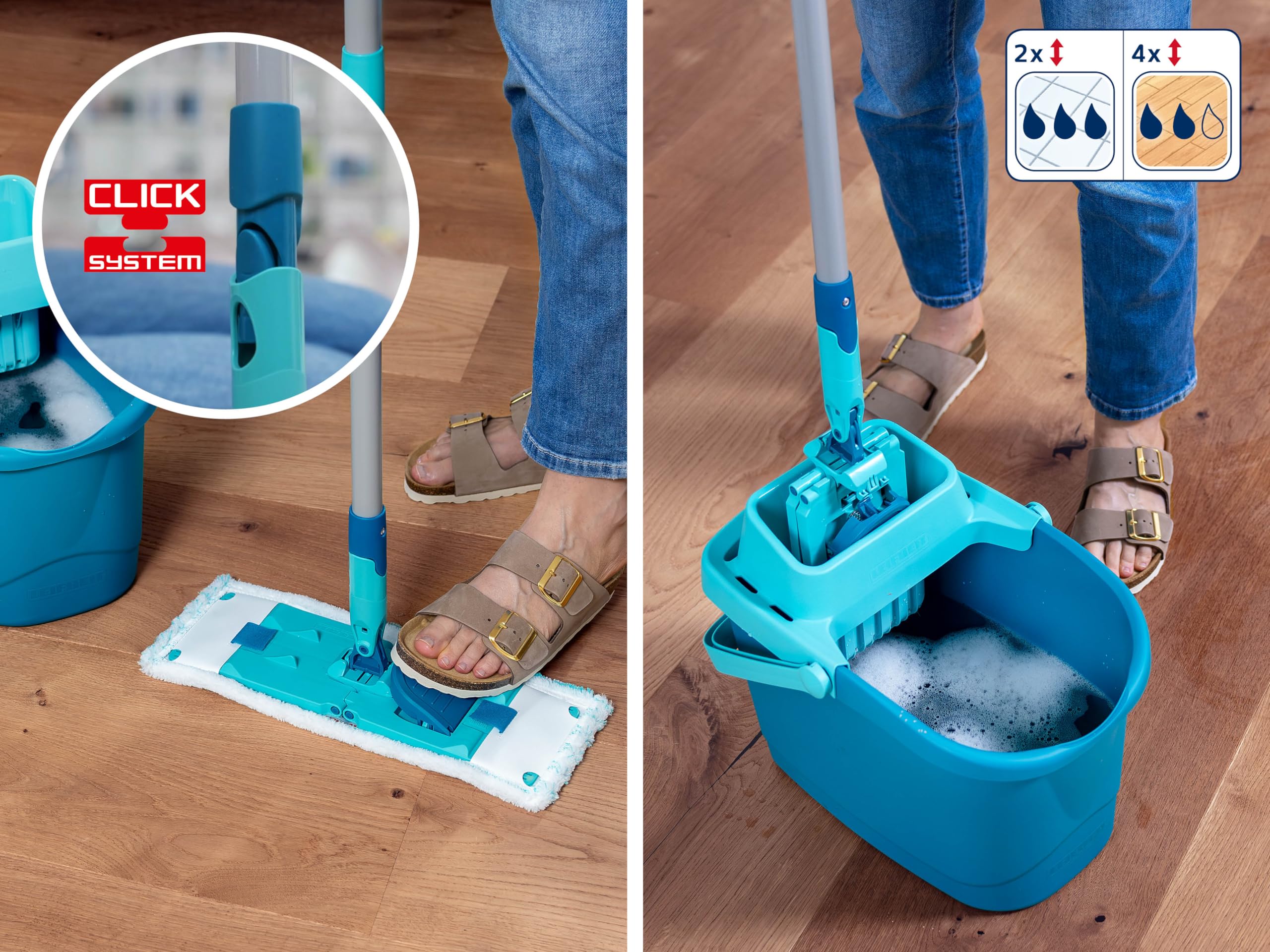 Leifheit Set PowerClean M, Balai serpillère et Seau essoreur ménageant Le Dos, kit avec 2 Housses serpillière Micro Duo pour Un Nettoyage en Profondeur, mécanisme d'essorage Facile, Click-System