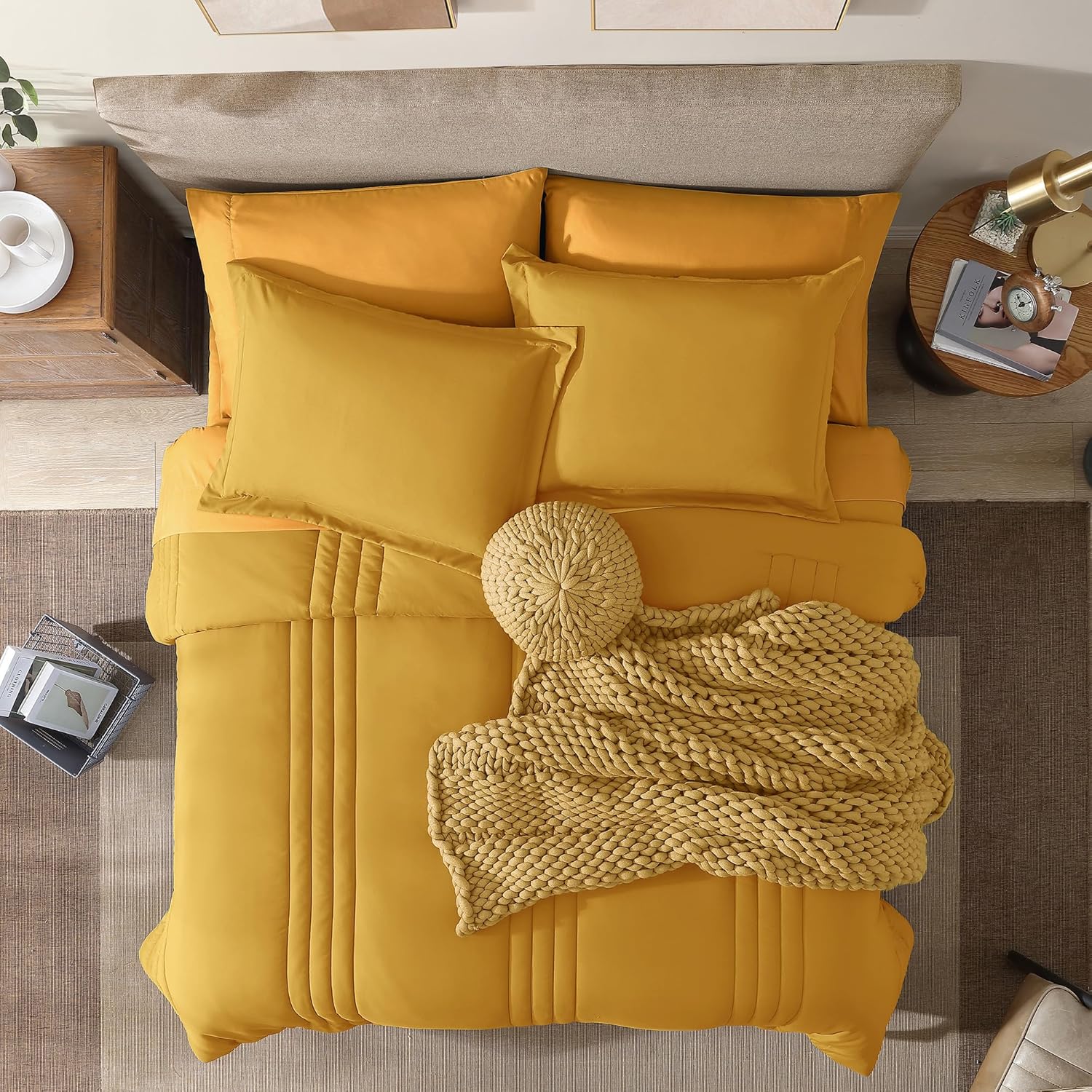 Monbix Full Comforter Set - 7 Pieces Bright Yellow Bed in a Bag Full Size Bedding Sets with Comforters, All Seasons Down Alternative Comforter with Sheets,Pillowcases & Shams