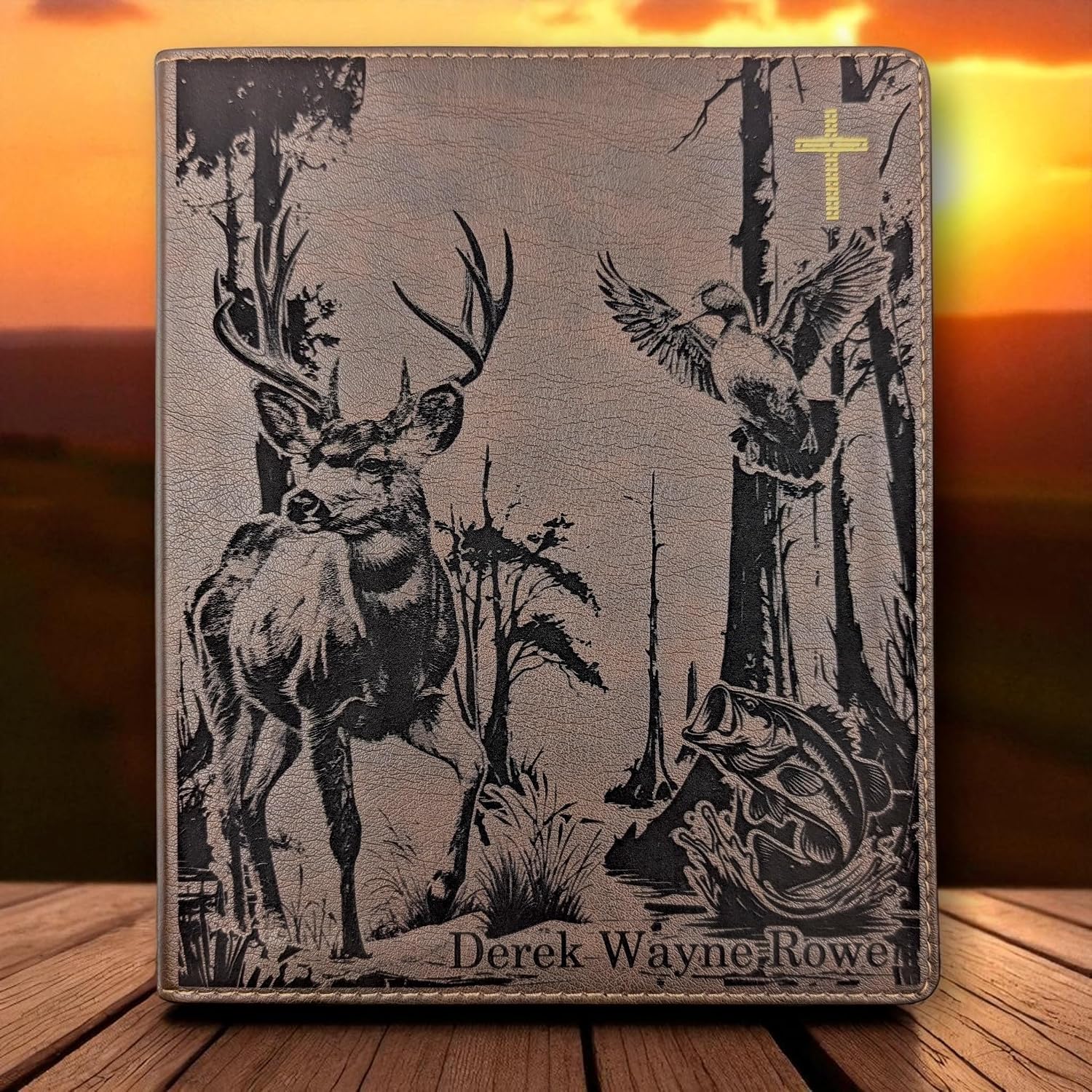 Personalized NIV Journal Bible | Brown Leathersoft Cover with Deer, Fish & Duck Engraving | Wide Margin Lined Double-Column for Journaling | Custom Name Engraved | Christian Gift for Men & Women