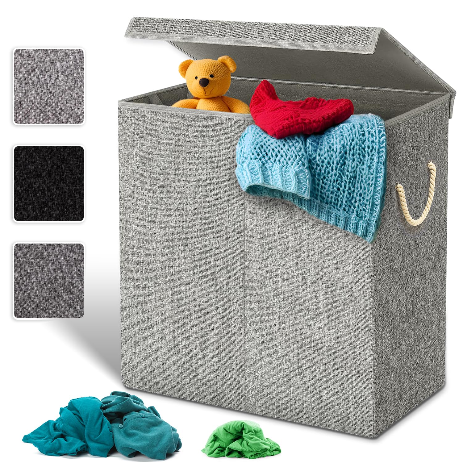 BLADO Laundry Basket with Lid – 142L Collapsible Laundry Baskets for Dirty Clothes - Laundry Hamper with Handles - Foldable Laundry Basket for Bedroom, Storage, Bathroom (2 Compartment, Grey)