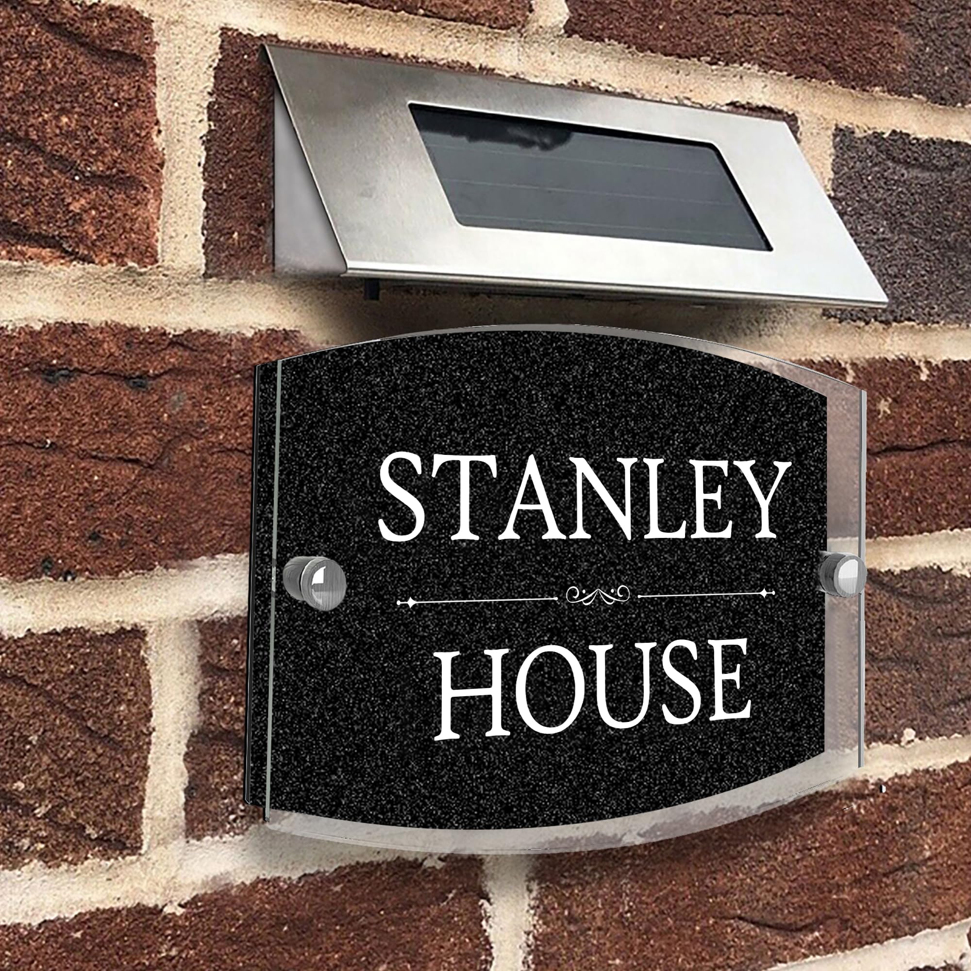 Modern House Sign Plaque Door Number | Personalised Glass Effect Acrylic Glitter Sign | Personalised House Number Hand Finished in UK (Black, Design A)
