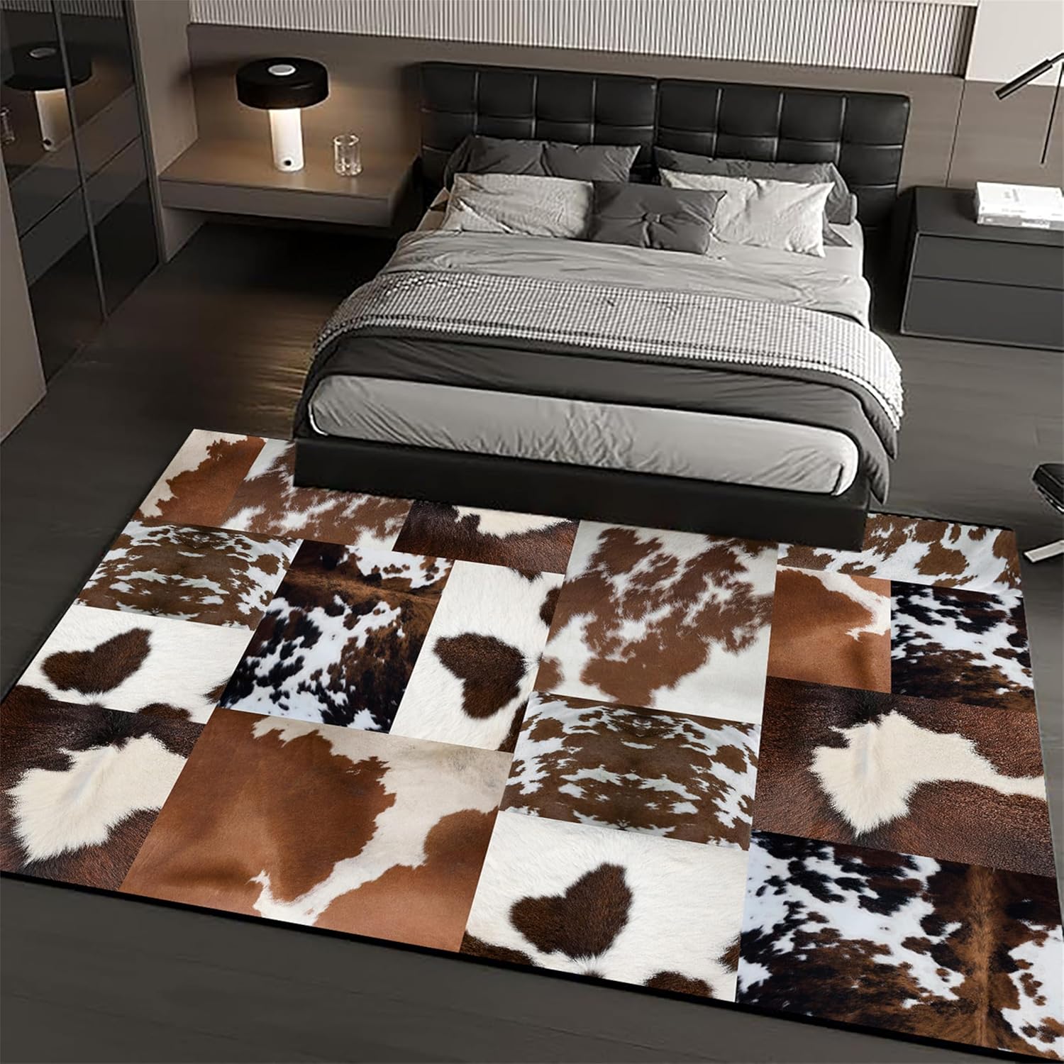 Faux Cow Fur Area Rug 2x3, Patchwork Cowhide Print with Brown & White Spots, Anti-Slip Western Cowboy Rug for Living Room, Bedroom and Dining Room Decor