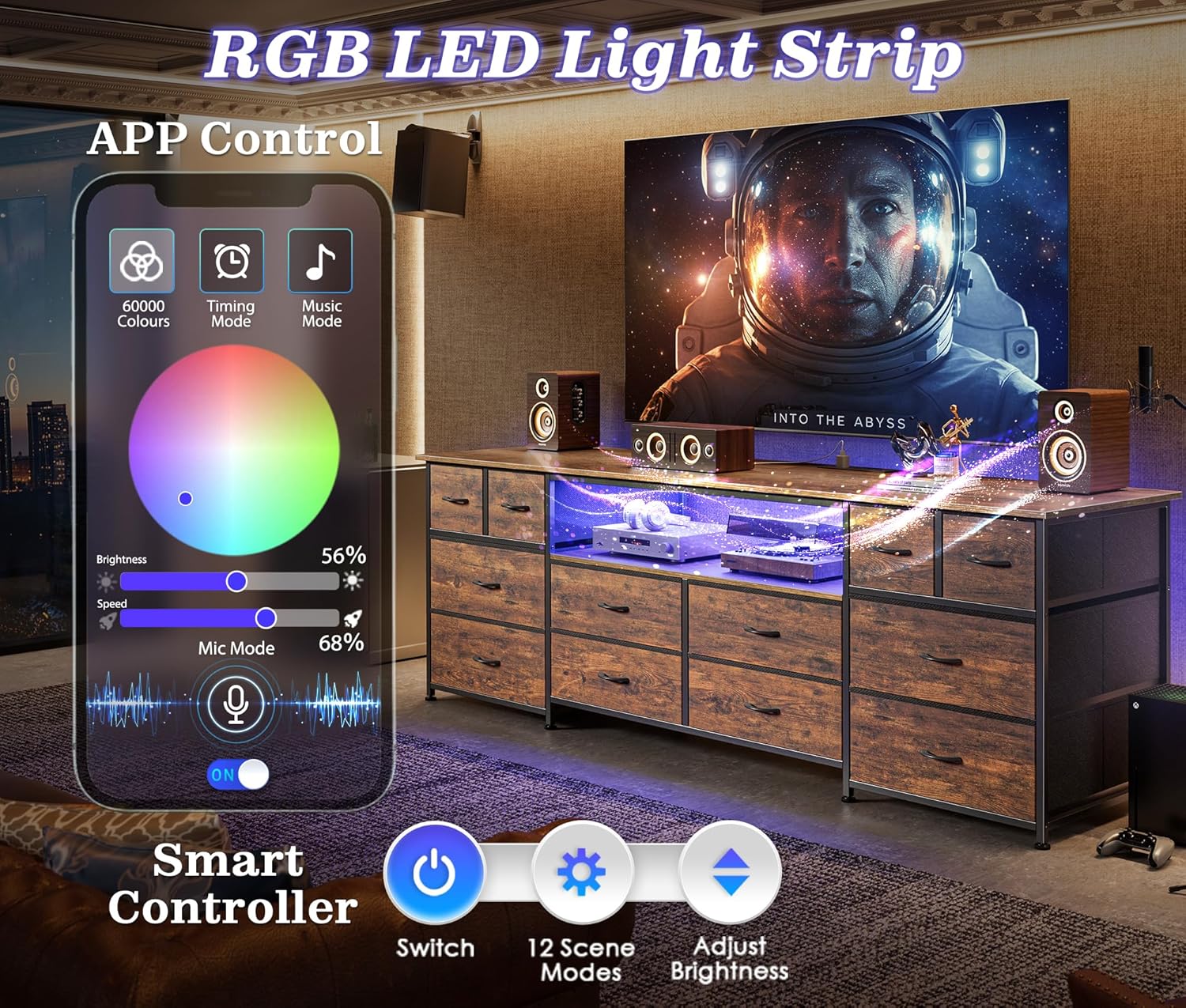 Huuger 70.9 Inch Dresser TV Stand with LED Lights, Power Outlets and USB-C Port, 12 Fabric Drawer Dresser for Bedroom, Wide Entertainment Center for 75, 80 Inch TV, Open Shelf, Rustic Brown - Image 4