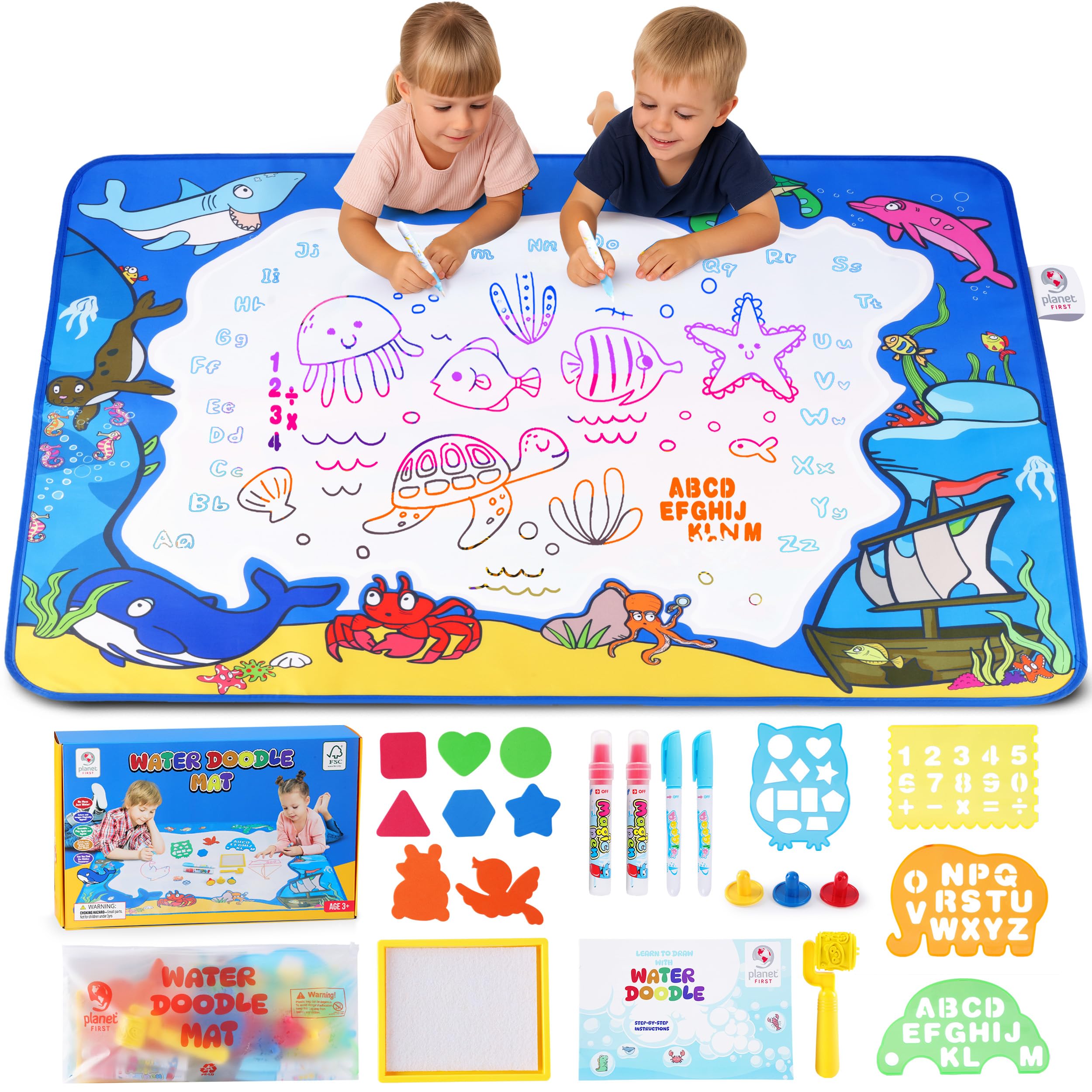 Water Doodle Mat, Sea Life 100 x 80cm, Mess-Free Water Drawing Mat for Kids Ages 3-8 with Roller, Stamp Markers, Water Pens