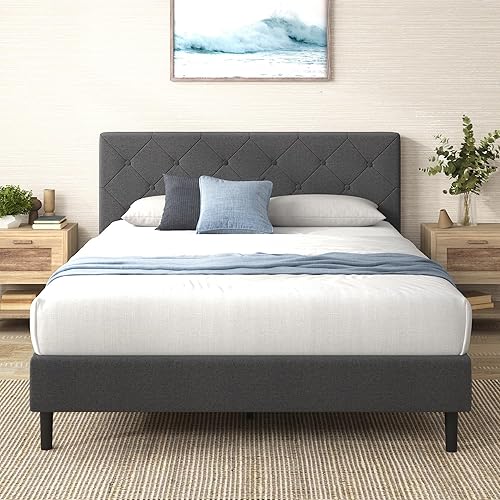 Miniatura 12 de zinus FDPB-T Plataforma de diamante, cama tapizada con respaldar de listón de madera bordada, individual, Madera, gris Gris oscuro,Gris claro,Beige