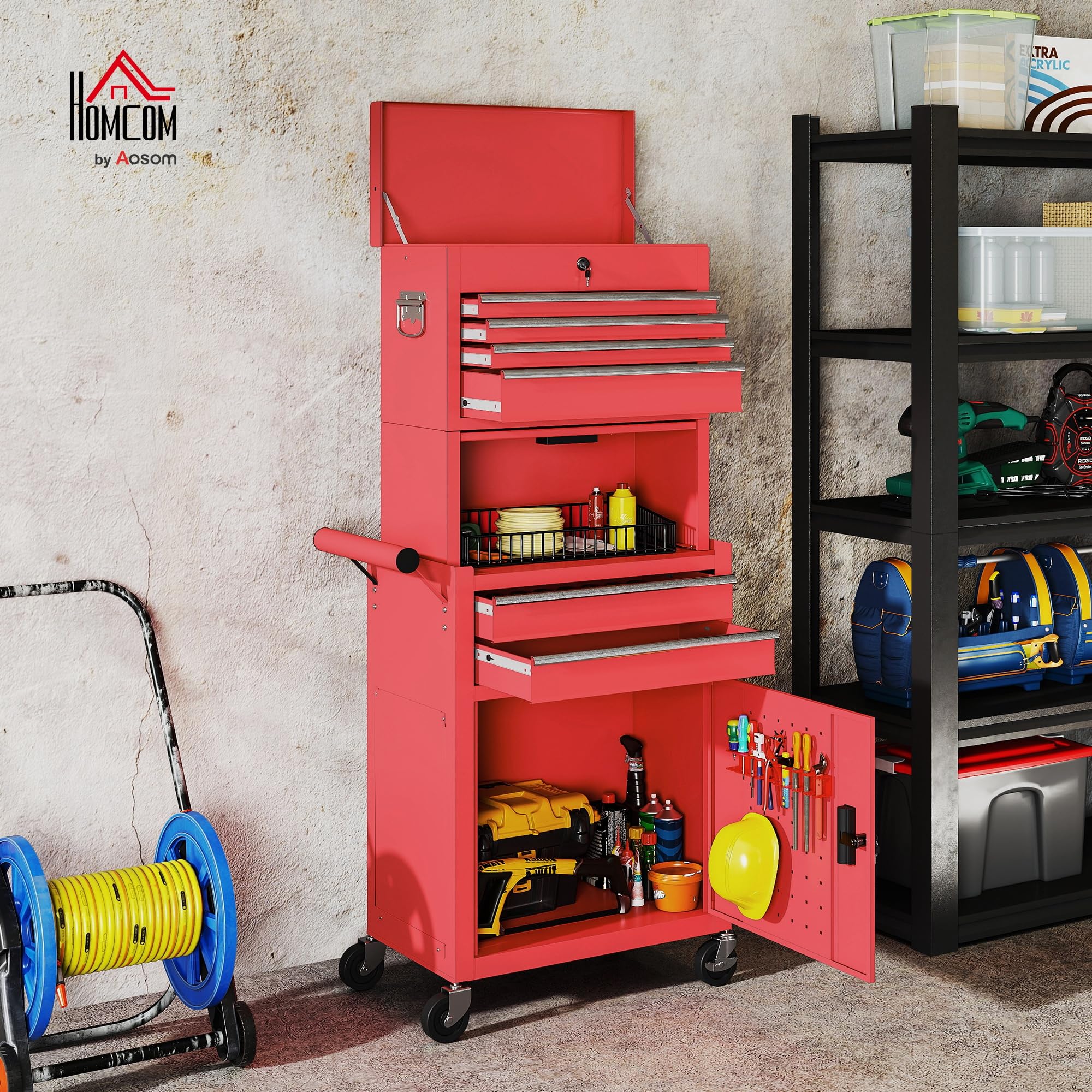 HOMCOM Carro de Herramientas con 6 Cajones y Cerraduras, 3 en 1, Carro de Taller Móvil con Ruedas y Panel Lateral Perforado, Caja de Herramientas Desmontable de Acero, para Taller, Garaje, Rojo