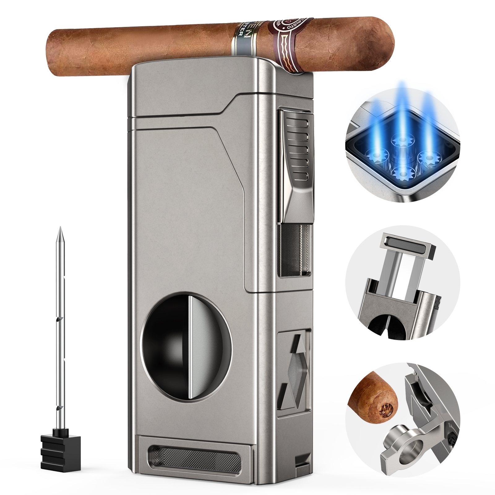 Amazon.com: Cigar Lighter, 4 Jet Flame Torch Lighter, Refillable Butane  Lighter with Cigar Cutter V Cut Cigar Punch Cigar Holder Cigar Draw  Enhancer, Great Cigar Accessories Cool Lighters for Smoking in Gift