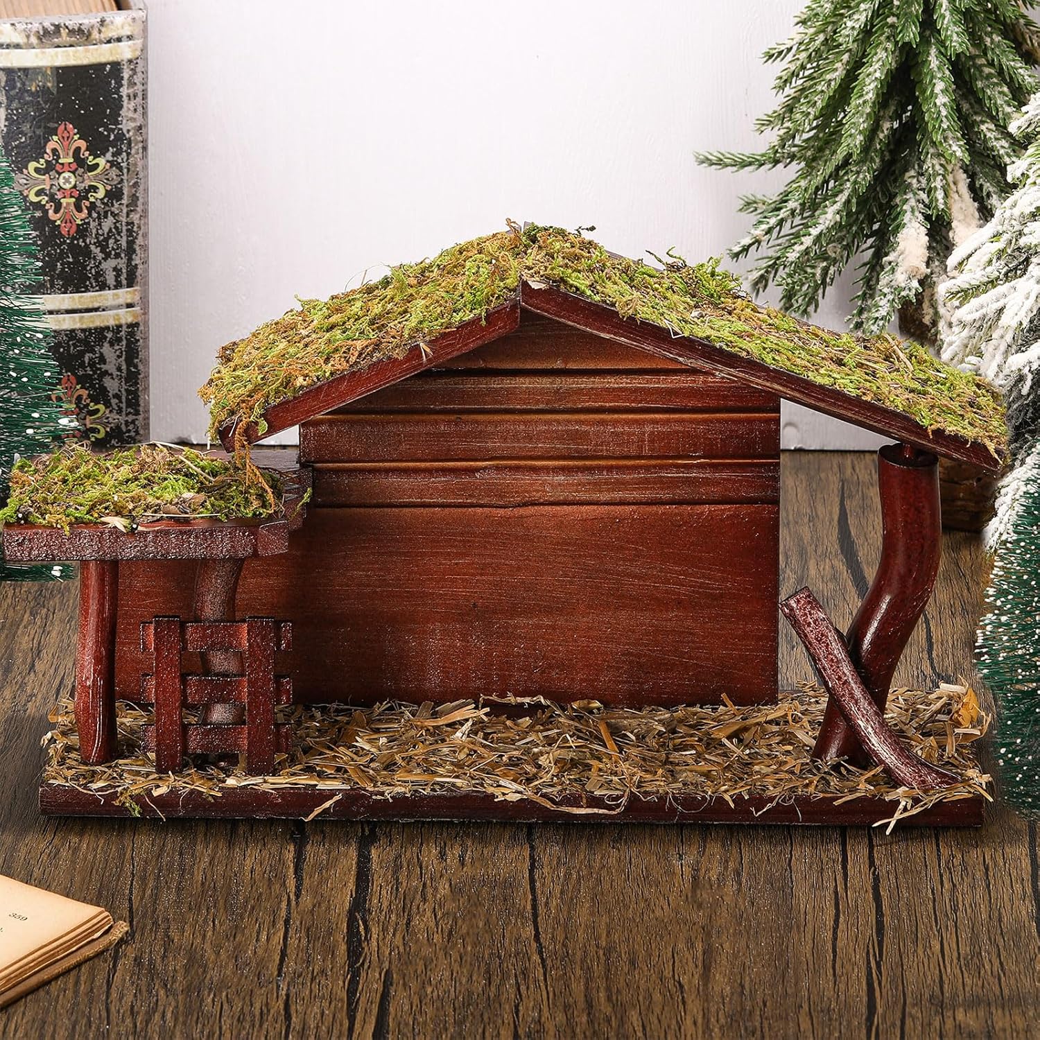 Nativity Stable Christmas Decorations Manger Nativity Scene Wood Decorations with Moss for Holy Family Wooden Nativity Stable Nativity Set Home Desk Decor Collectable 6.8 inch