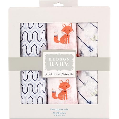 Hudson Baby Unisex Baby Cotton Muslin Swaddle Blankets, Foxes, 3-Pack