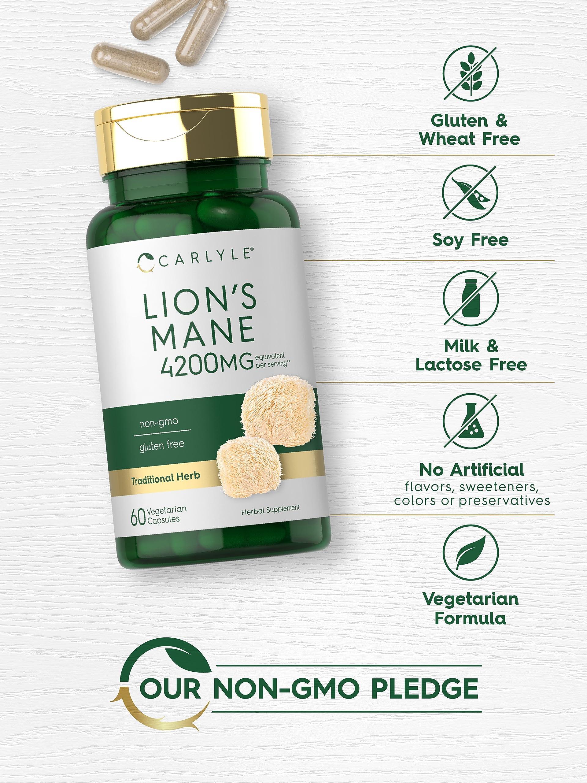 Carlyle Lions Mane Supplement Capsules | 4200mg | 60 Count | Vegetarian, Non-GMO & Gluten Free