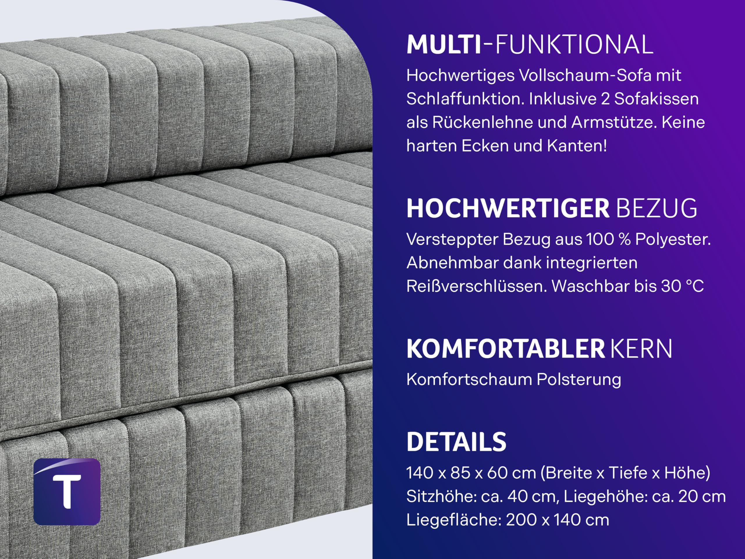 Traumnacht Schlafsofa 140 x 200 cm – Doppelgästematratze & 3-Sitzer Gästesofa mit Schlaffunktion, Grau, deutscher Qualitätsstandard