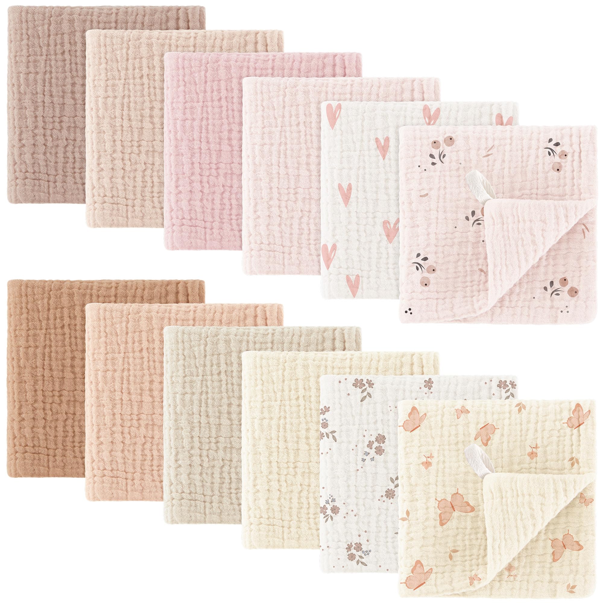 Bearmoss Baby Musselin Waschlappen Moltontücher 100% Baumwolle Weiche Spucktücher Baby,Atmungsaktiv und Extrem Saugfähig Musselin Tuch für Saugstark Mulltücher 12 Stück 25 x25cm (Rosa-Braun)