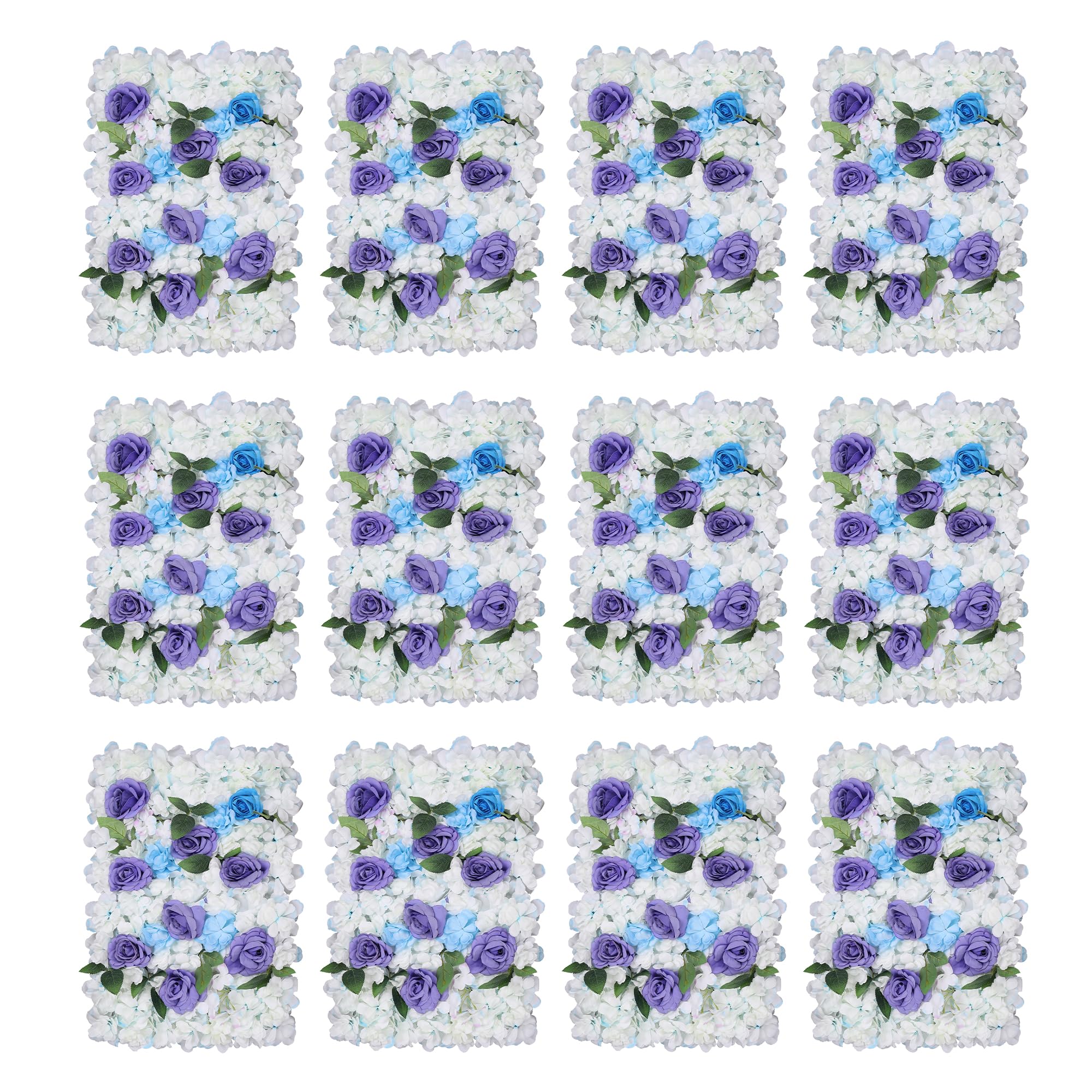 Trimming Shop Artificial Flowers Wall Panels DIY Fake Flower Wall Silk Flower Floral Backdrop for Wedding Birthday Party Home Decoration, 60cm x 40cm, White, Purple & Sky Blue, 12pcs