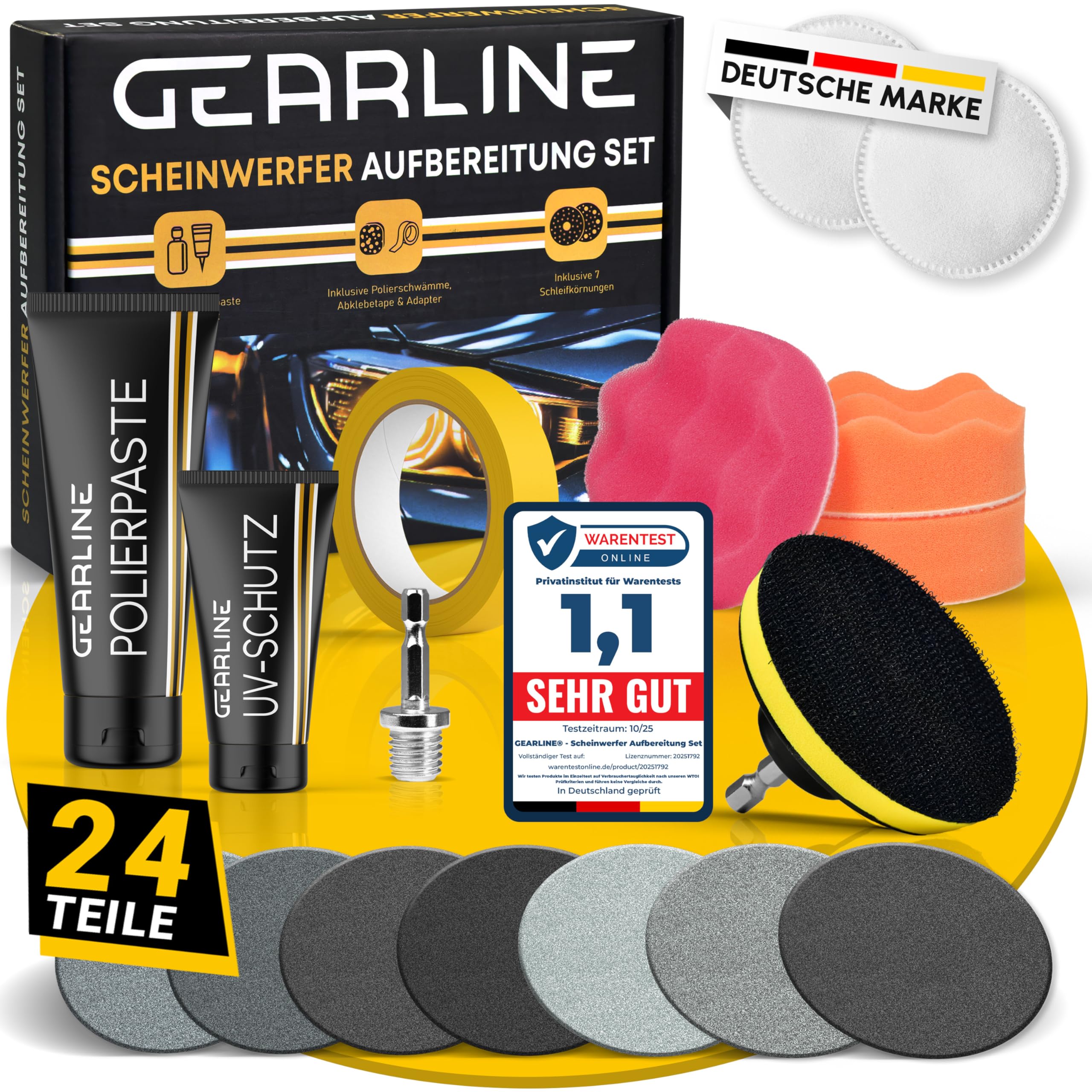 Scheinwerfer Aufbereitung Set [24 Teile] - Polierset für matte & blinde Scheinwerfer - Inkl. UV-Schutz, Polierpaste, Adapter & 14 Schleifscheiben - Auto Polierset zur Aufbereitung