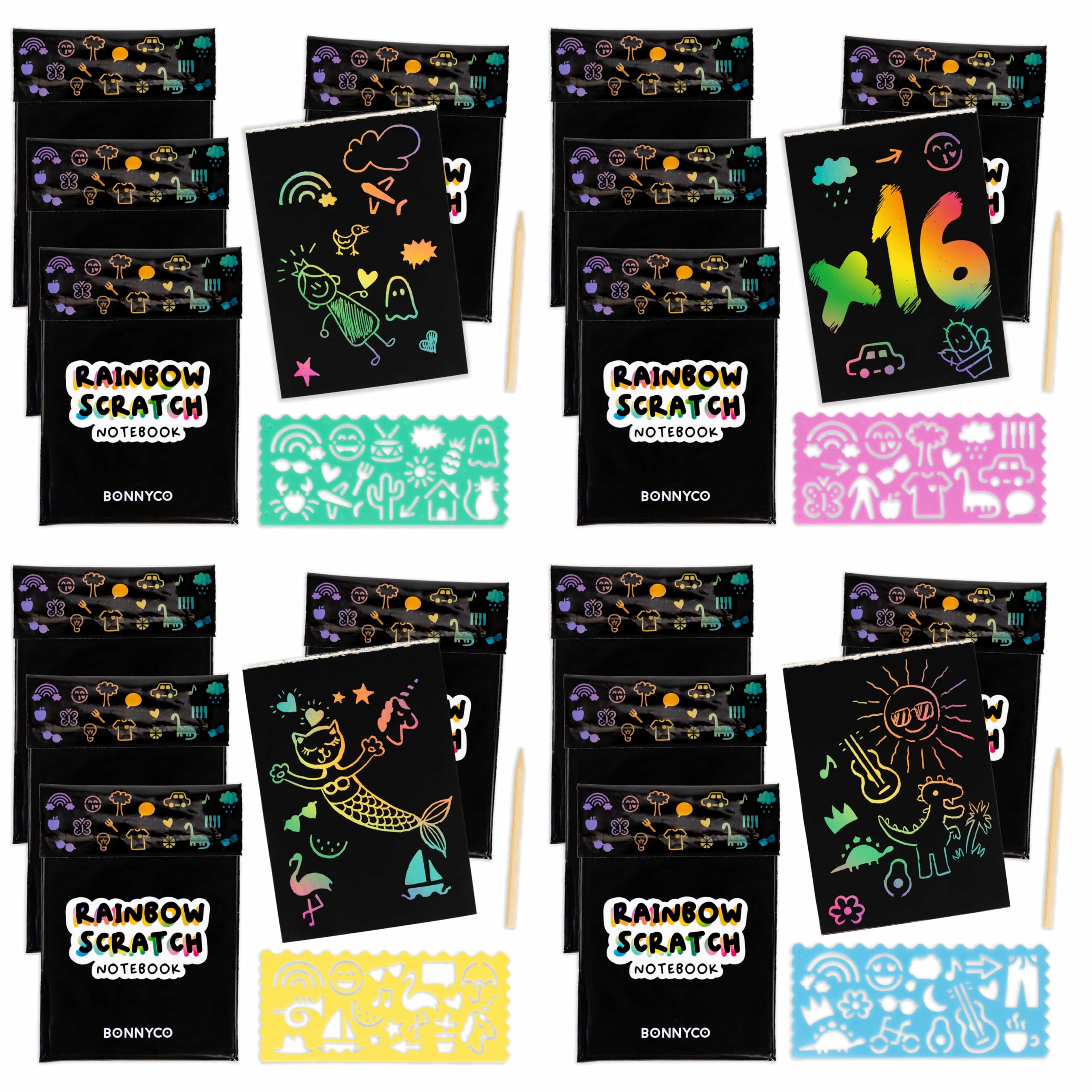 BONNYCO Kratzbilder für Kinder, 16 Sets mit Notizbuch, Schablone und Holzkratzer. Mitgebsel Kindergeburtstag, Kleine Geschenke für Kinder zur Einschulung von 3 bis 12 Jahren