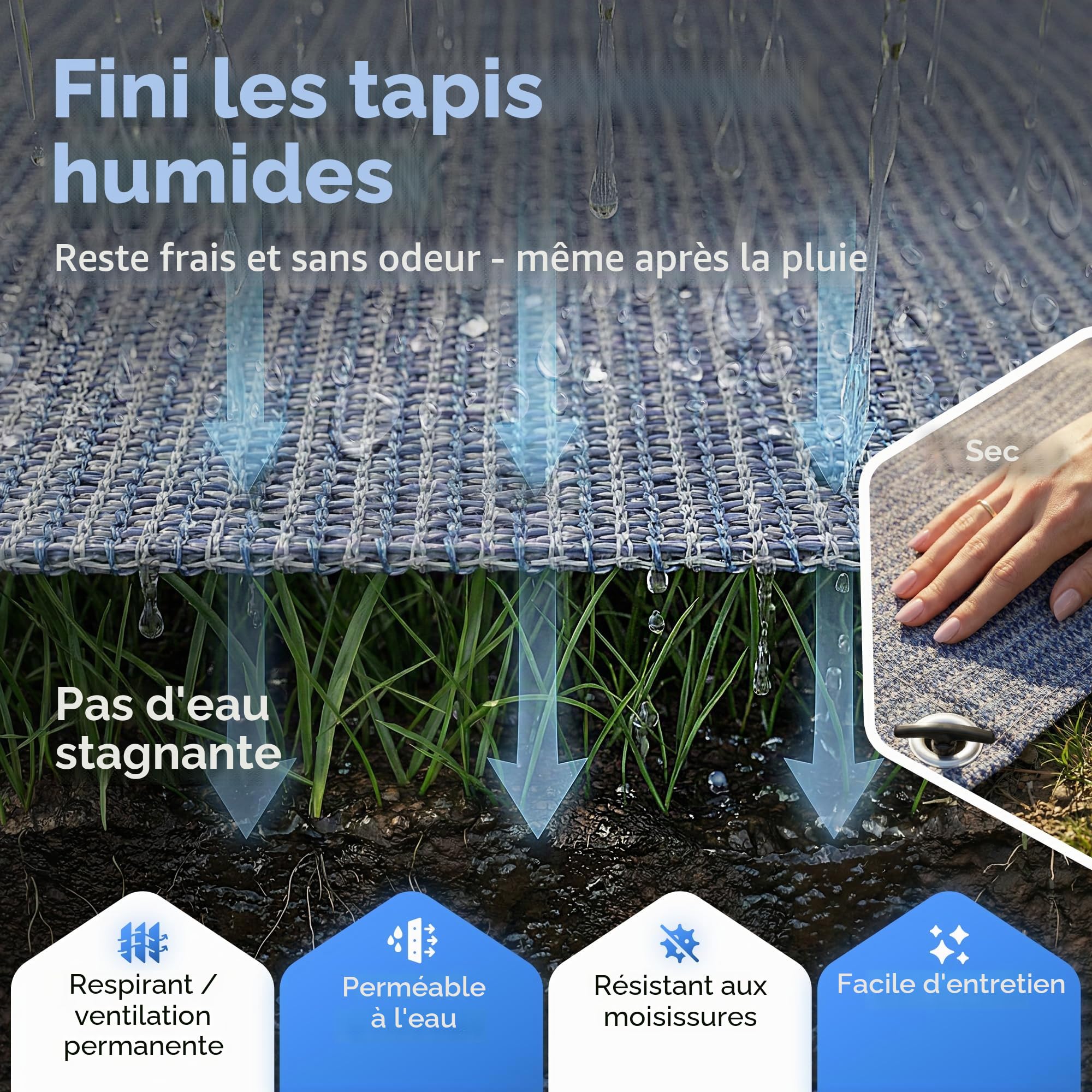 Tapis de camping extérieur pour auvent - Bleu/gris - Différentes tailles - avec sac de transport, corde à linge et 8 piquets en T