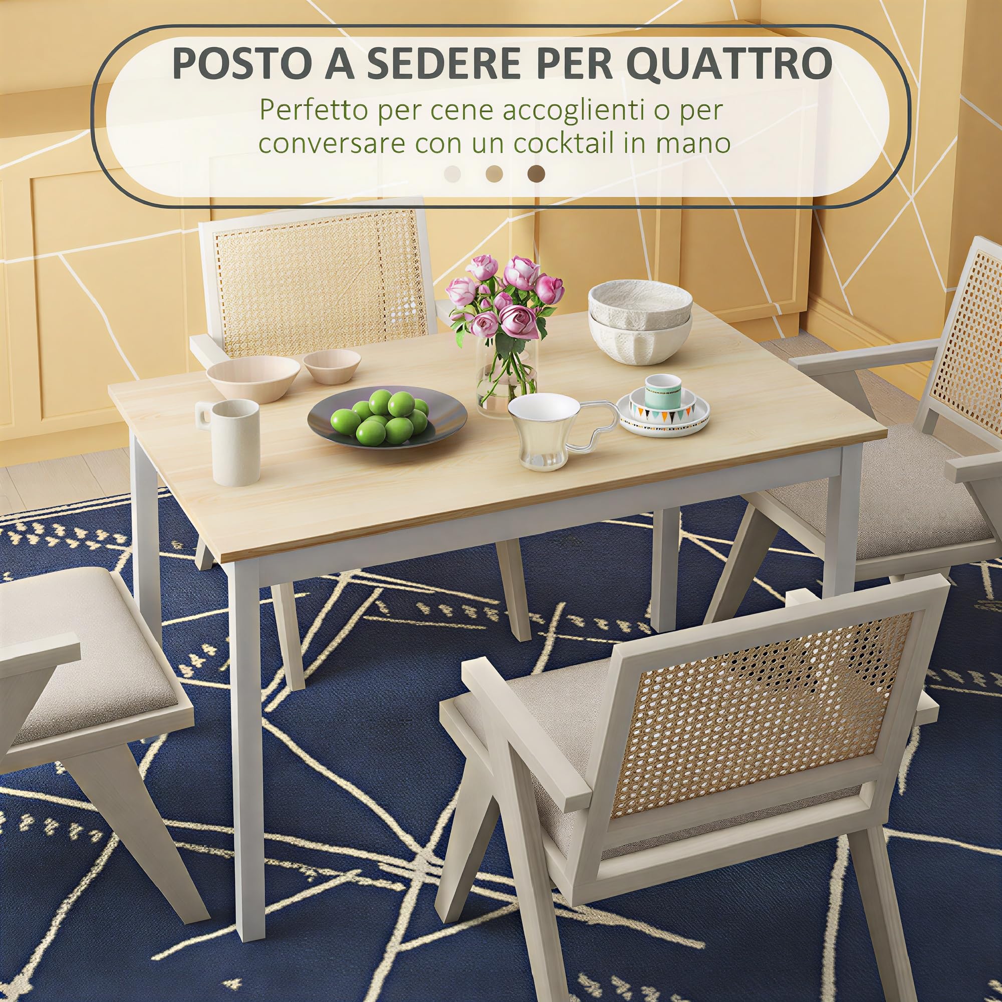 HOMCOM Tavolo da Pranzo per 4 Persone 120x75x75 cm Bianco e Colore Legno | Minimal, Tavolo in Legno di Pino, Piedini Antiscivolo