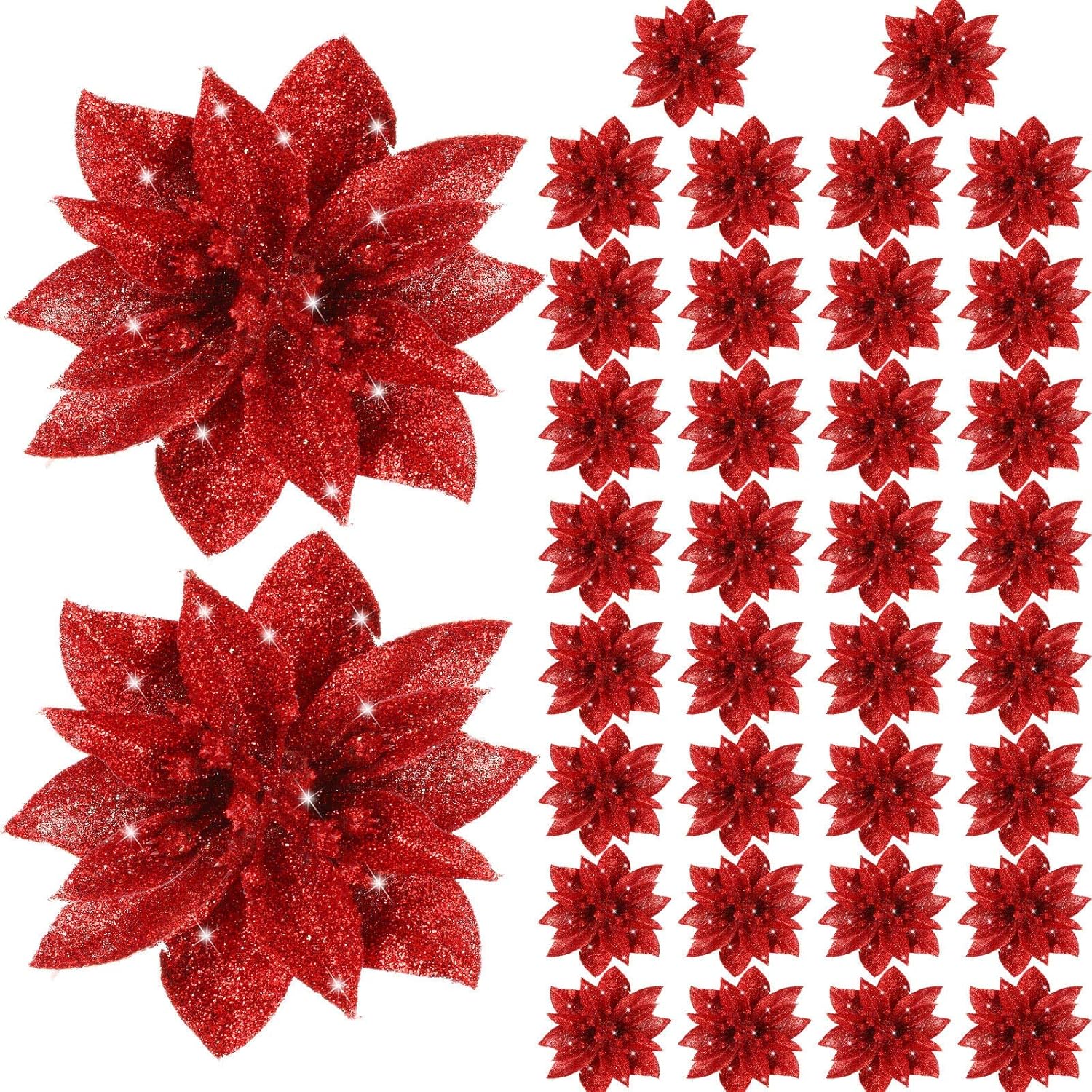Gejoy Christmas Poinsettia Flowers Artificial Glitter Poinsettia Christmas Tree Ornaments Decorative Floral Accessories for Xmas Home Front Door Decorations (36, Red)