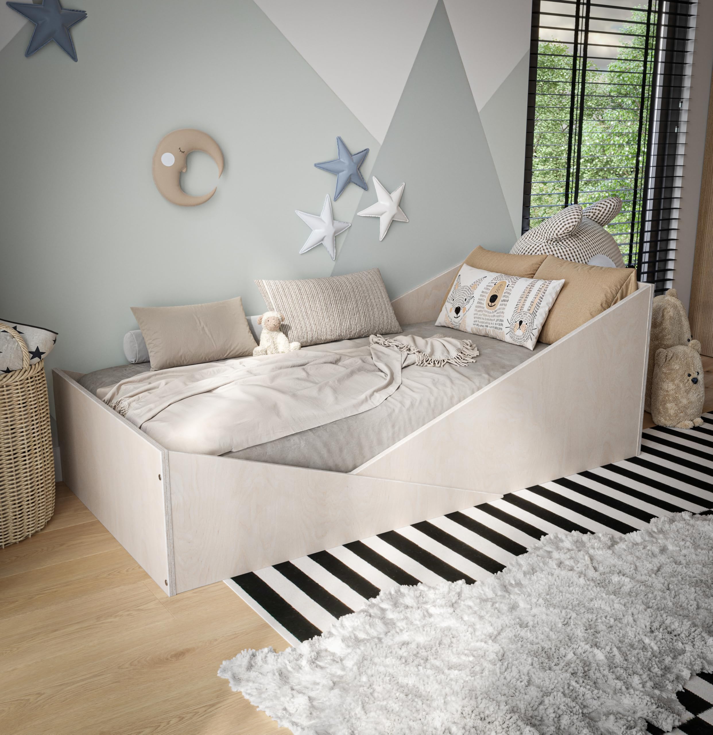 OSONO | ATRI Łóżko dziecięce 80x160 cm z naturalnego drewna | Łóżko podłogowe Montessori ze stelażem i barierką ochronną | Nowoczesny skandynawski design dla dzieci