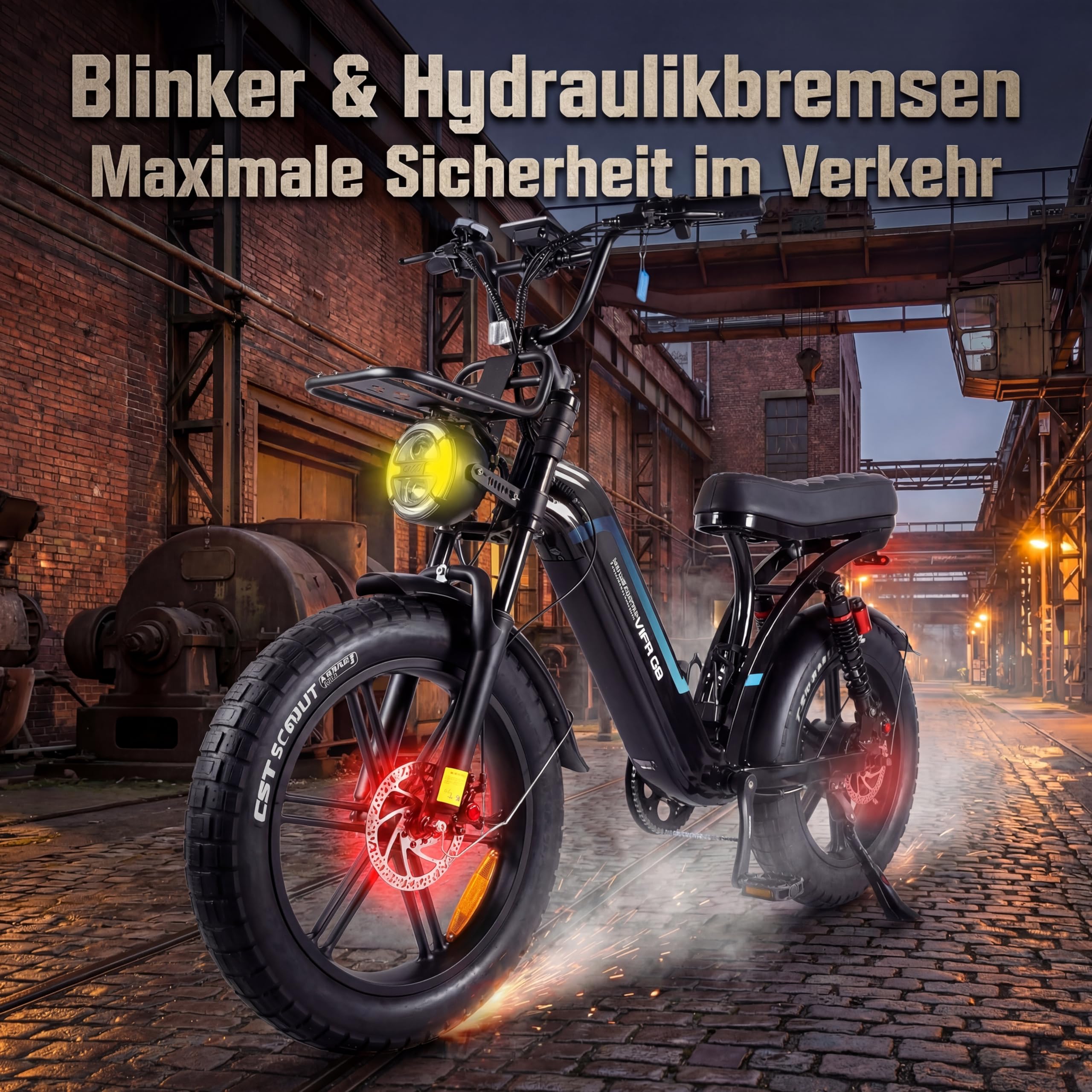 OUXI Q8 E-Bike 20 Zoll Fatbike Elektrofahrrad Pedelec, 250W Motor 60Nm, 48V 15Ah Akku 60-80km, Hydraulische Scheibenbremsen, Vollfederung, Blinker & Frontgepäckträger