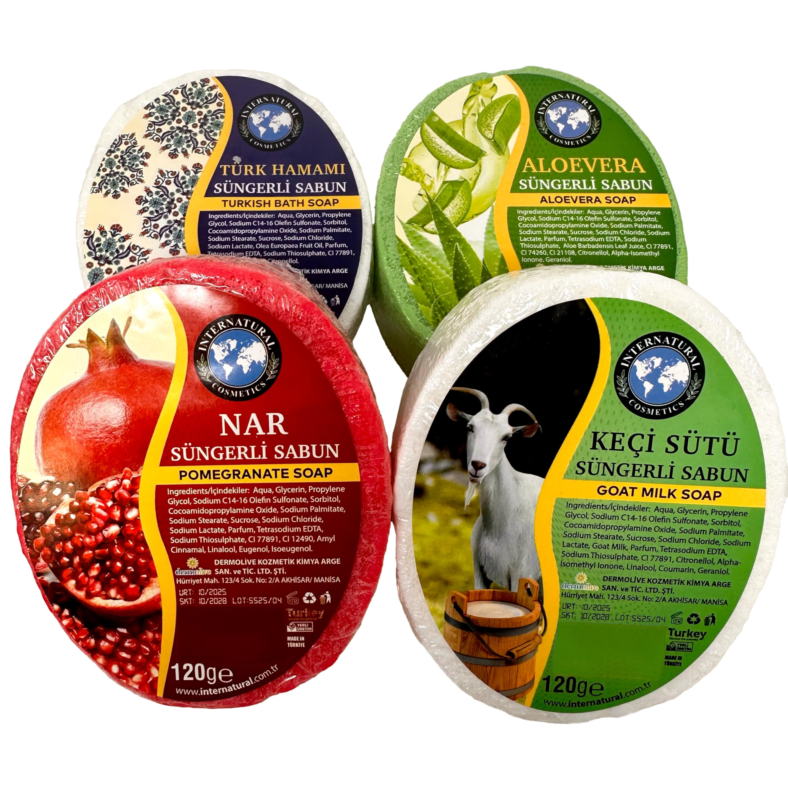 Handgemachtes Peeling-Schwammseifen-Set - Ein natürliches und erfrischendes Reinigungserlebnis Aloe Vera, Türkisches Bad, Ziegenmilch, Granatapfel (4er-Set)
