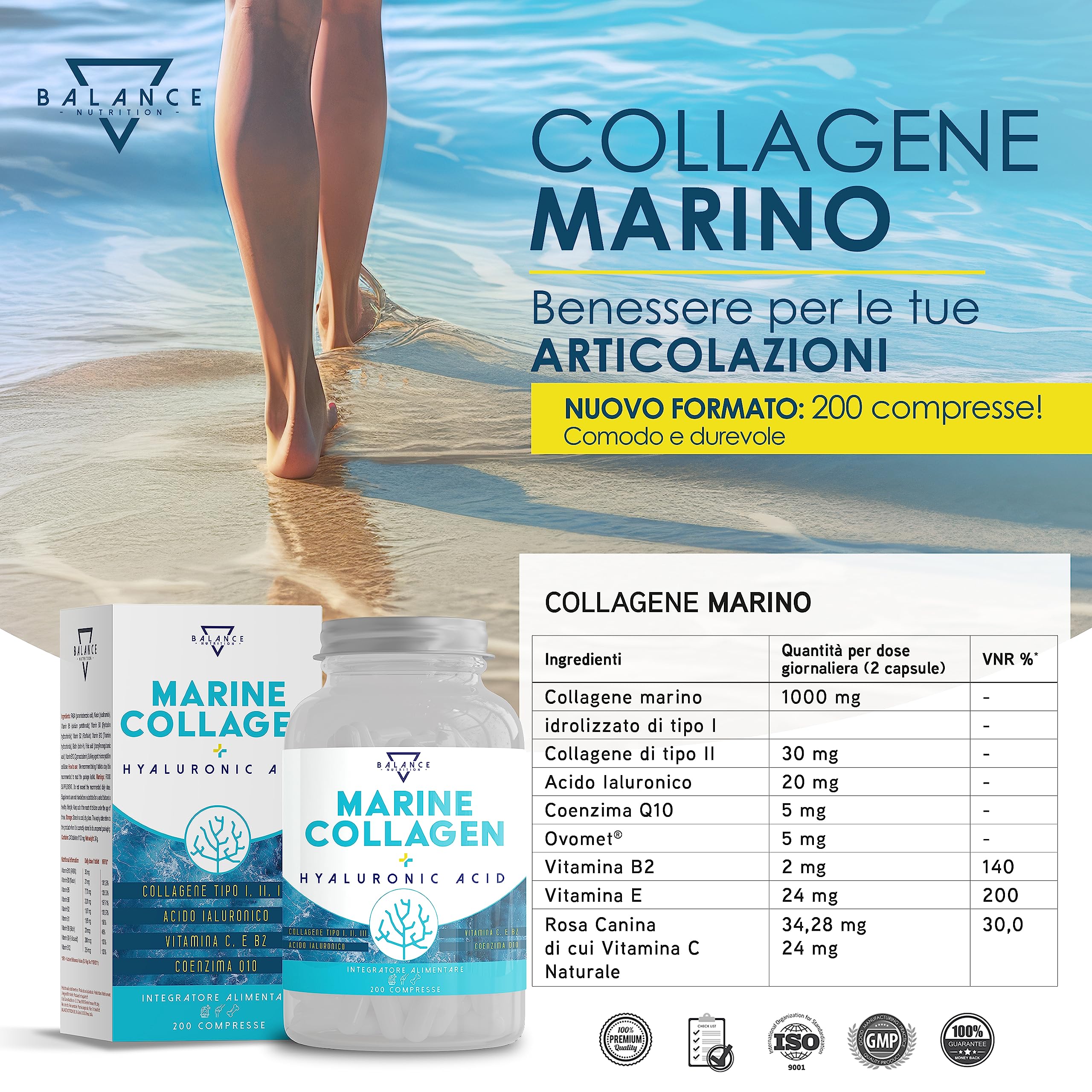 COLLAGENE MARINO® - 200 Compresse (fino a 7 mesi di fornitura) con Acido Ialuronico | Collagene di tipo I, II e III con Complex di 7 attivi, Ovomet®, Vitamina C e Coenzima Q10