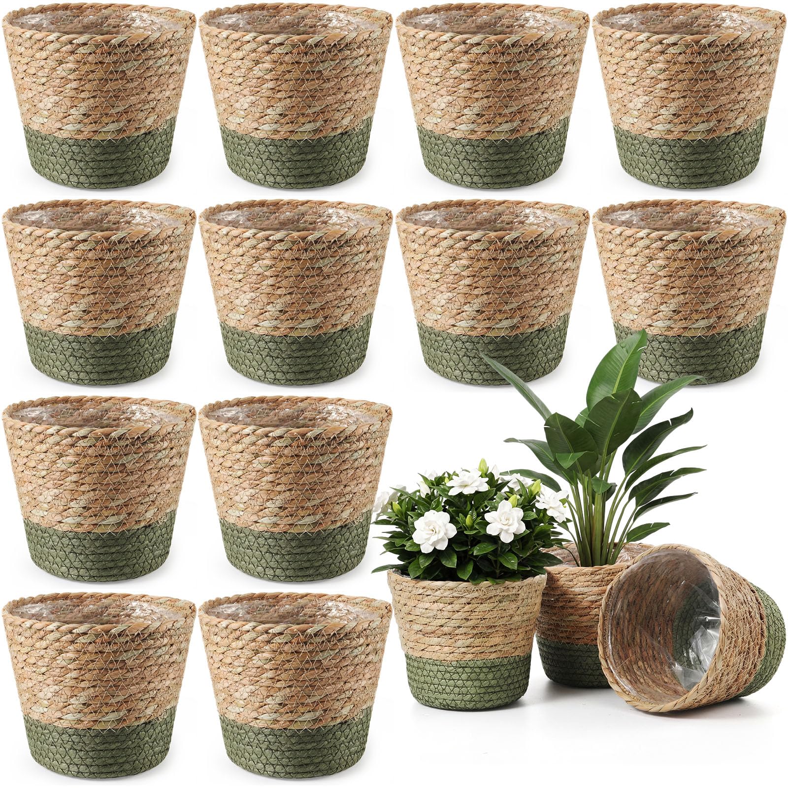 Photo 1 of AceOrbit 12 Pcs Wicker Plant Basket Bulk with Liners Woven Planter Baskets Bulk for Indoor Outdoor Seagrass Plants Woven Wicker Baskets for Flower Pots Cover and Room Decor (Small,Farmhouse)