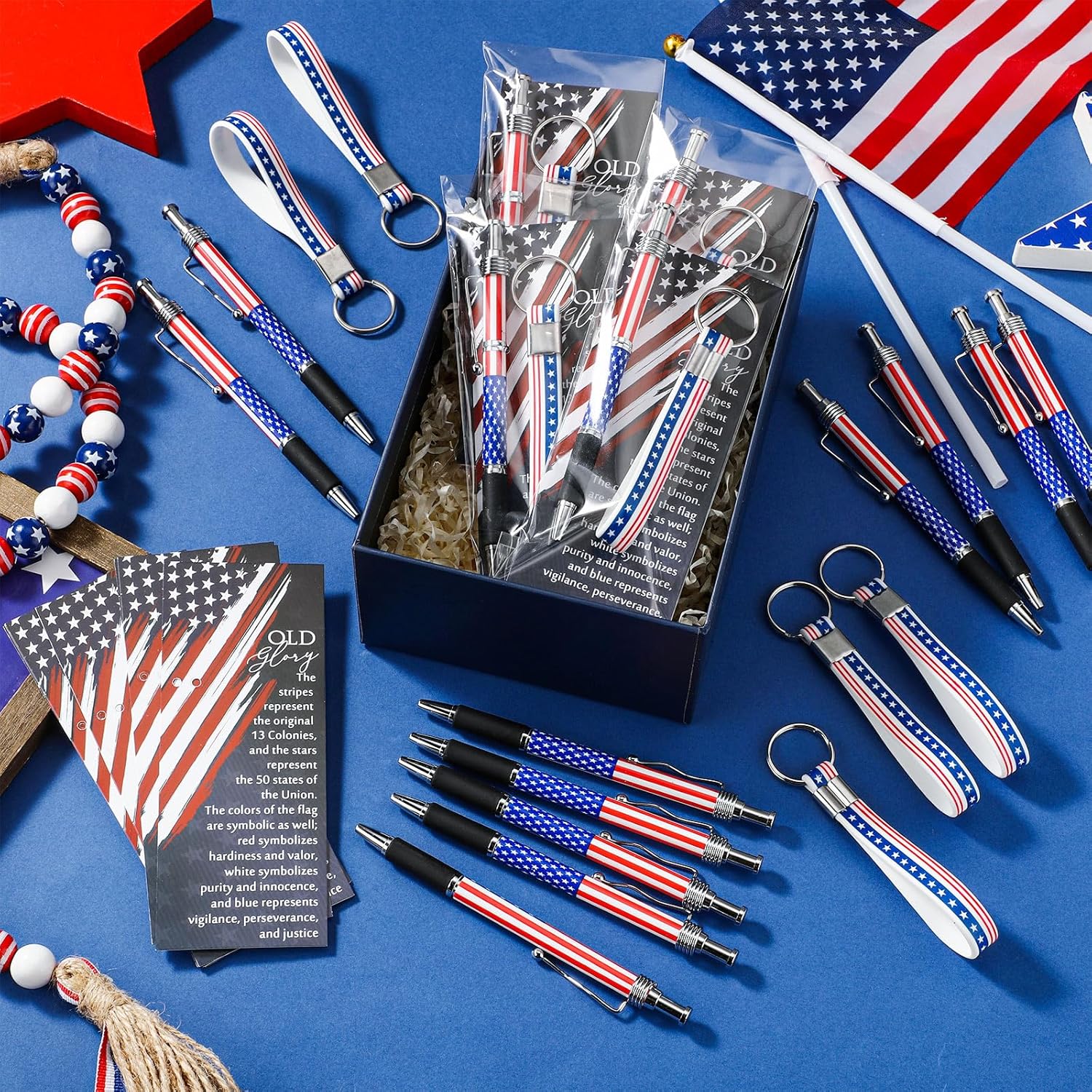 Sayglossy 250 Anniversary Veterans Day Gifts Bulk Patriotic Party Favor American Flag Ballpoint Pens USA Keychains Bookmarks for Memorial Day Souvenir Gifts(60 Pcs)