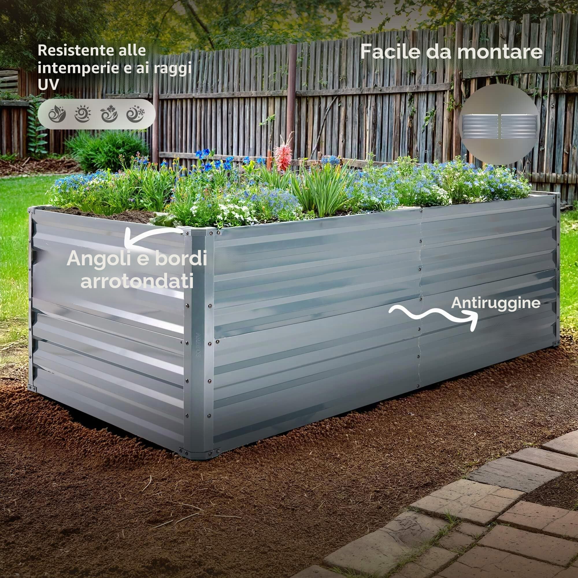 AREBOS Letto rialzato in metallo 120x90x59 cm | letto da giardino in acciaio zincato | letto per piante resistente alle intemperie e alla ruggine | letto rettangolare per orto e patio