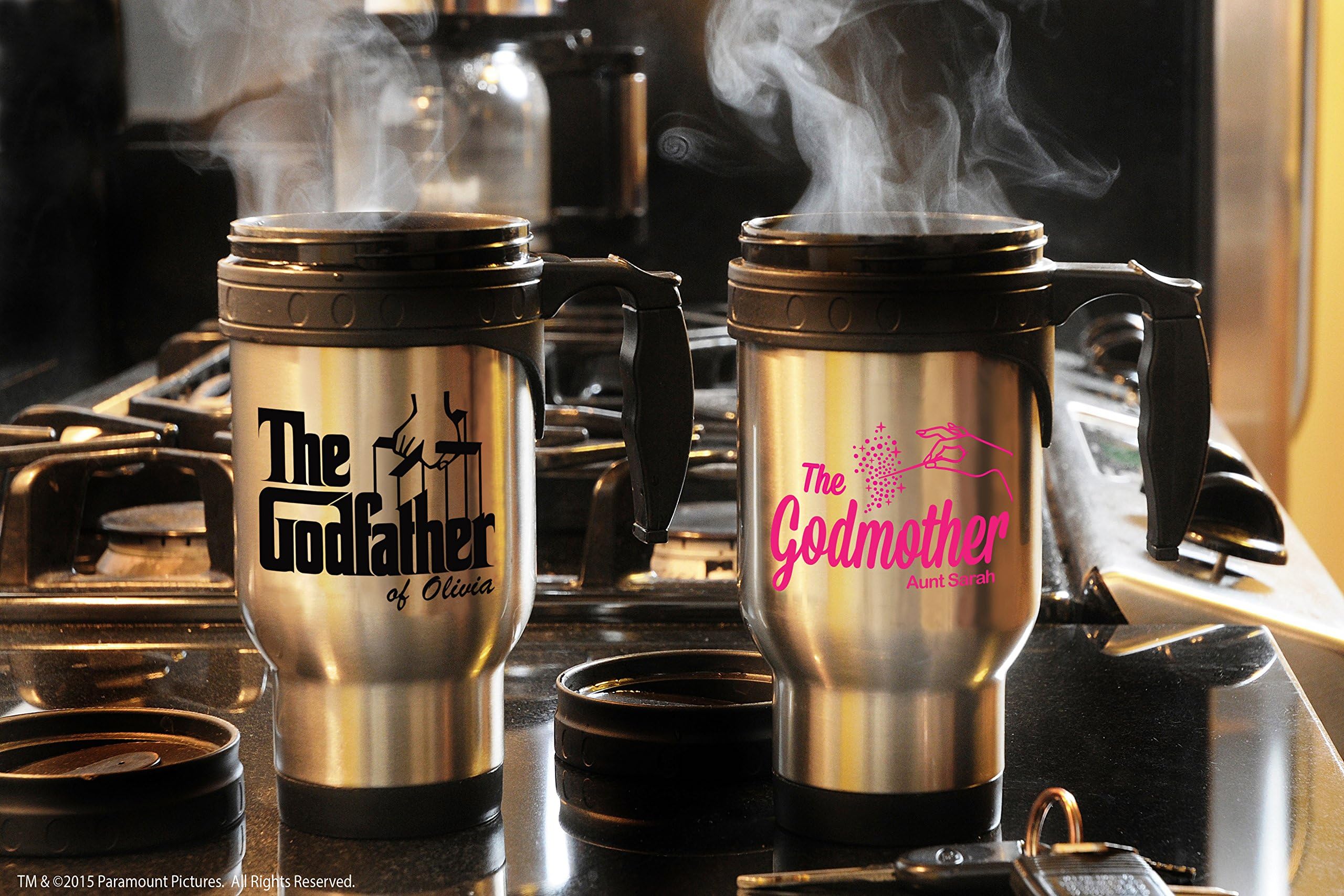 His and Hers Personalized Tea or Coffee Travel Mugs, Will you be my Godmother or Godfather, 15oz Stainless Steel Travel Mugs, Baptism Favor, Baby Shower,
