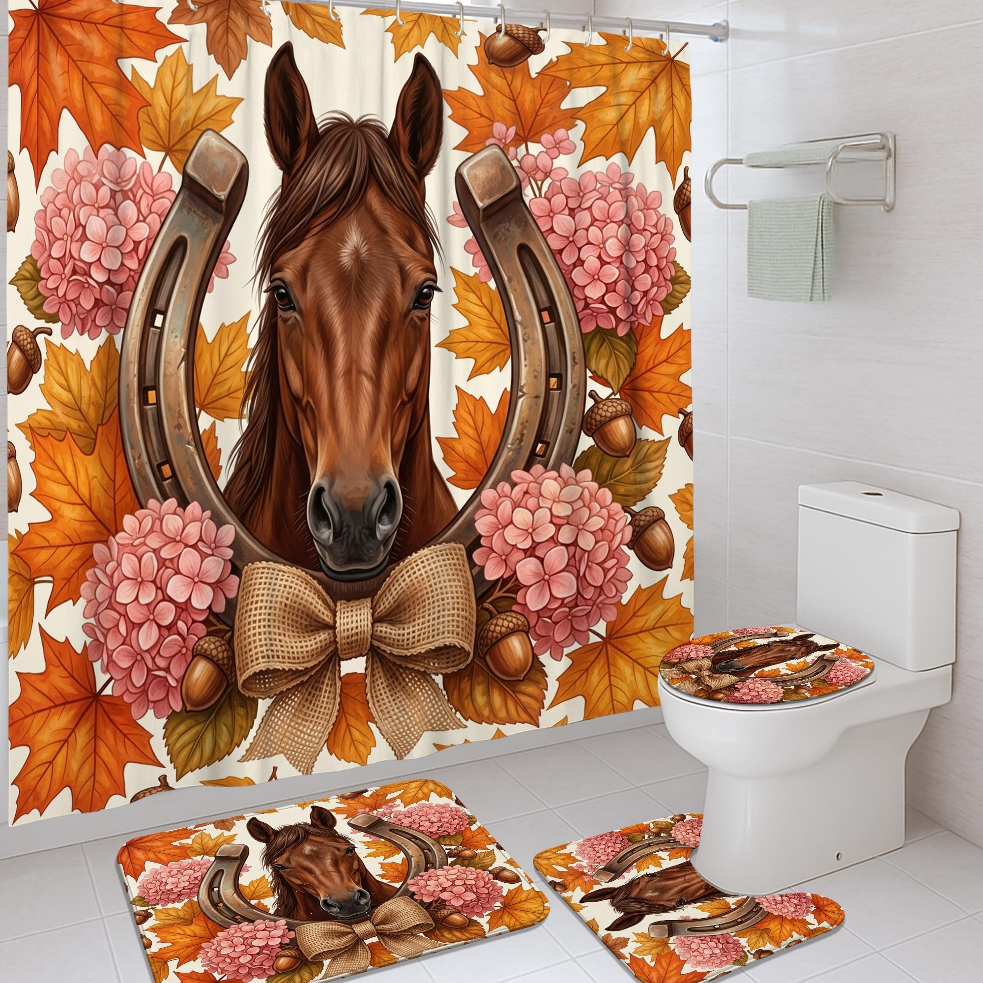 Rideaux de douche rustiques lavables avec tapis décoratif fer à cheval et crochets