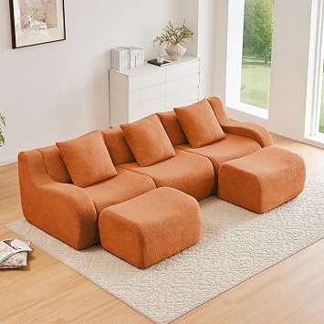 Boneless Cloud Couch Modular Sectional Sofa, U Shaped Couch 3 Seater Comfy Teddy Sofa, Deep Seat Sectional Couches for Living Room, Oversized Floor Couches with Ottoman, No Assembly, Orange