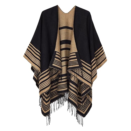 Urban CoCo Women's Printed Tassel Open front Poncho Cape Cardigan Wrap Shawl (Series 12-black)