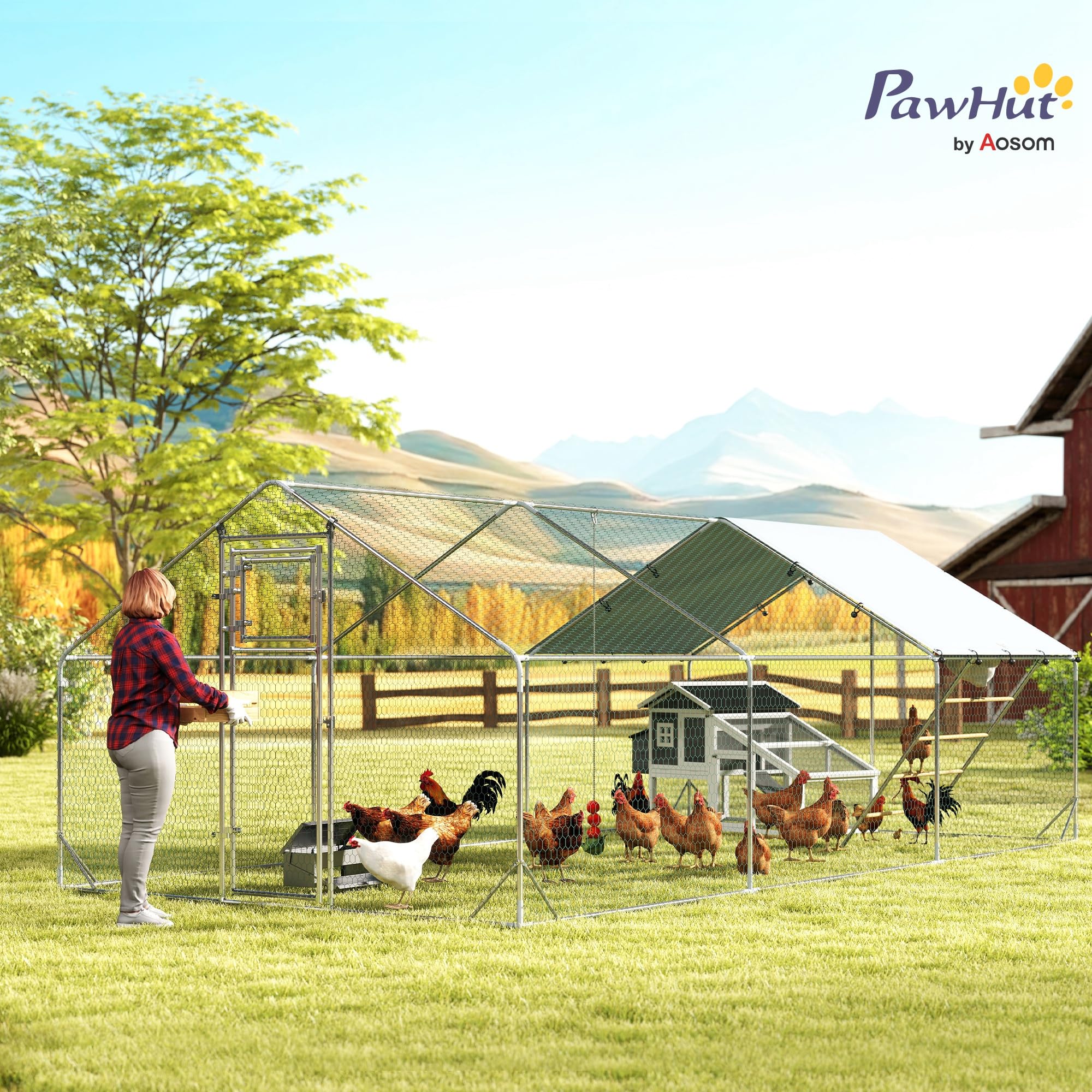 PawHut Gallinero Exterior 18 m² 3x6x1,95 m Acero Galvanizado para 18-24 Gallinas Impermeable Anti-UV