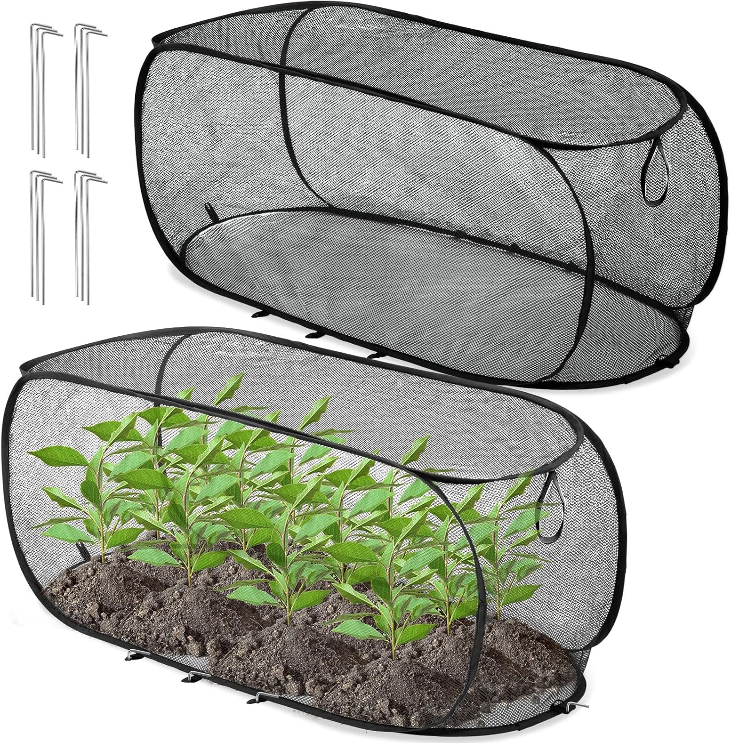 4 Pcs 39" x 18" x 16" Pop up Garden Mesh Plant Cover Outdoor Plant Protector Garden Row Raised Bed Cover with Ground Nails Crop Cage Net for Seedlings Vegetable Fruit Herbs (Dark Green)