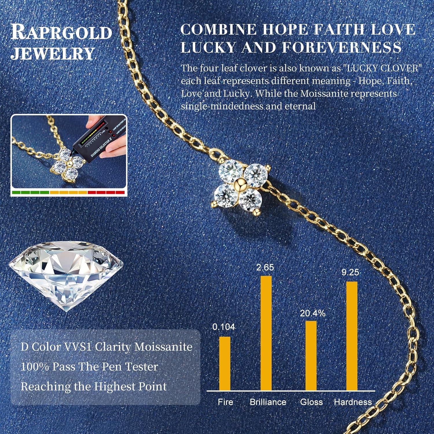 Solid 10K Yellow Gold Small Pendant Moissanite Necklace for Women Mom Wife, Four Clover Necklace with 925 Sterling Silver Chain, 0.24cttw 2.5mm*4 Dainty Moissanite Necklaces Jewelry Gifts for Her - Image 5