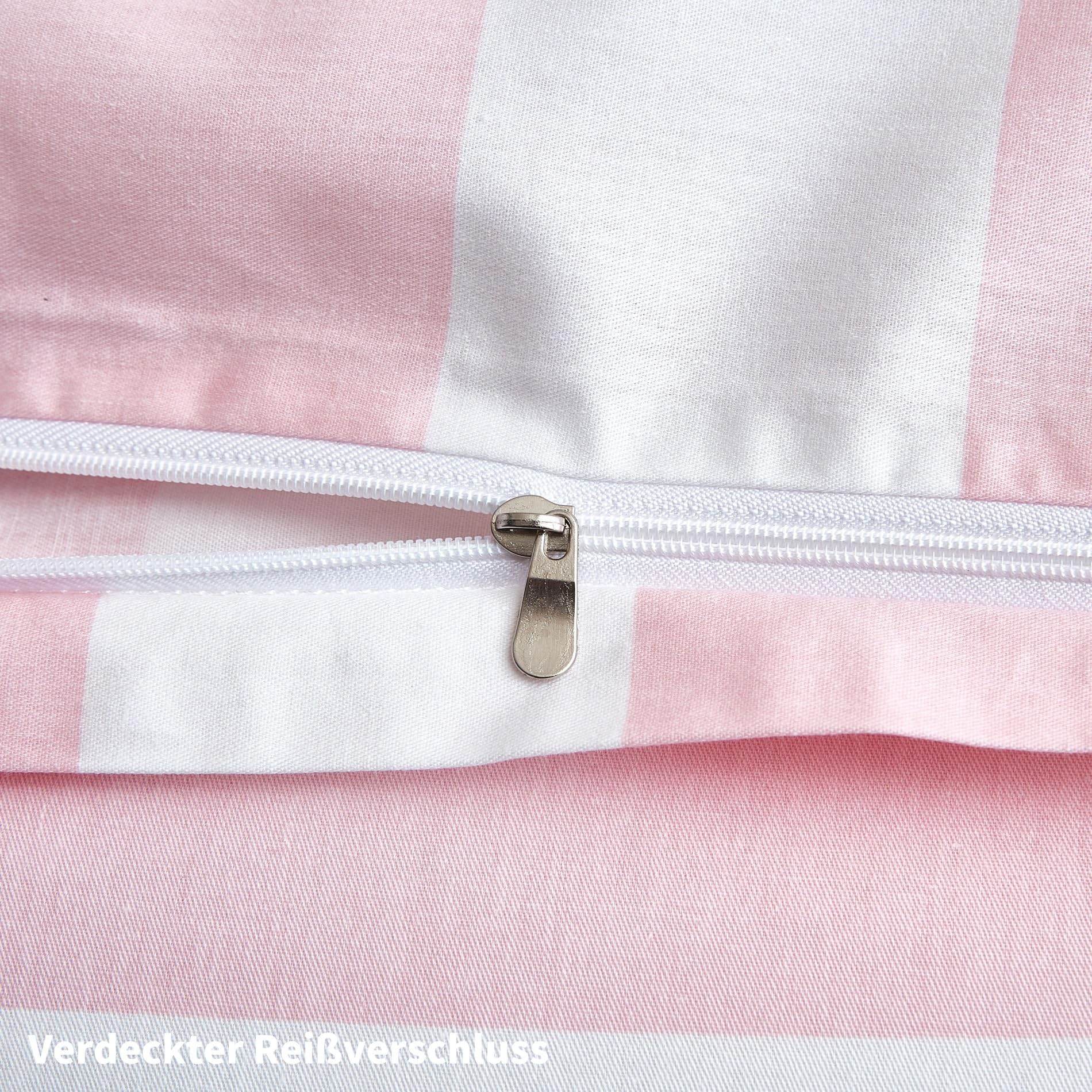 Bettwäsche 200x200 Baumwolle Rosa Weiß Gestreift Bettwäsche Baumwolle Weich Atmungsaktiv Kuschelige Bettbezug Set 3 Teilig mit Reißverschluss und 2 Kissenbezüge 80x80 cm