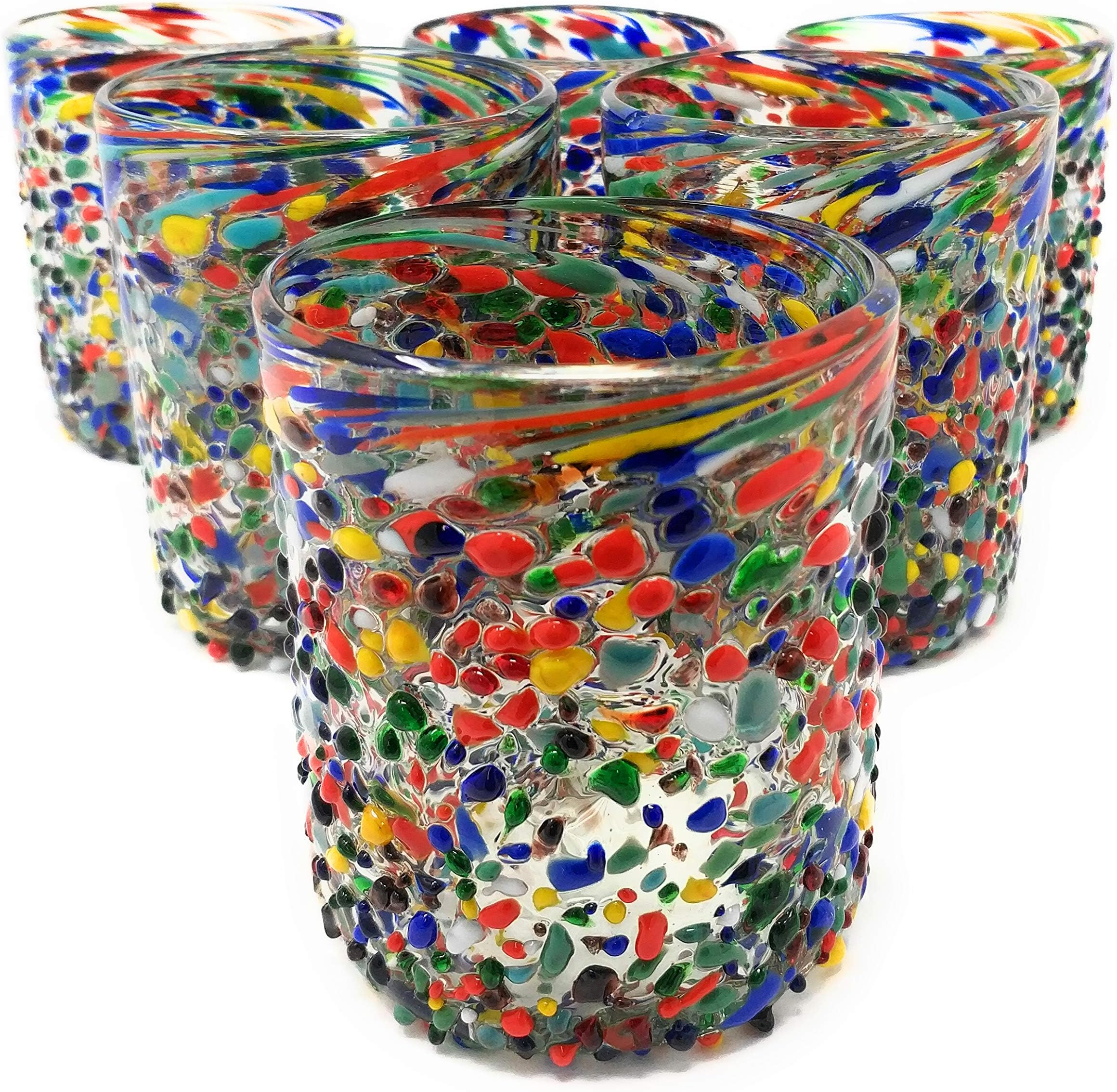 Hand Blown Mexican Drinking Glasses – Set of 6 Confetti Rock Tumbler Glasses (10 oz each)