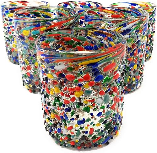 Vasos mexicanos soplados a mano, juego de 6 vasos de confeti rock (10 onzas cada uno)