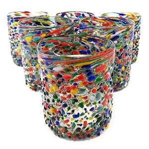 Hand Blown Mexican Drinking Glasses Set of 6 Confetti Rock Tumbler Glasses 10 oz each