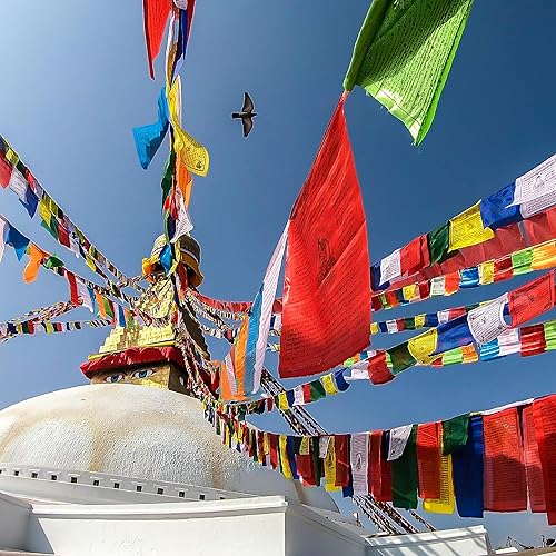 Miniatura 2 de Paquete de 25 banderas tibetanas de oración  5 rollos de banderas de algodón de 4.7 in x 4.7 in para meditación, positividad y paz  Hecho a mano en