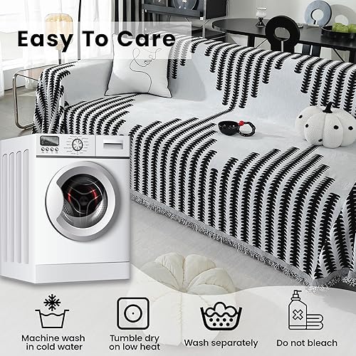 Miniatura 6 de Funda de sofá bohemia de jacquard geométrico negro con borla, protector de muebles apto para mascotas, funda de cojín de una pieza, 71 x 134 pulgadas